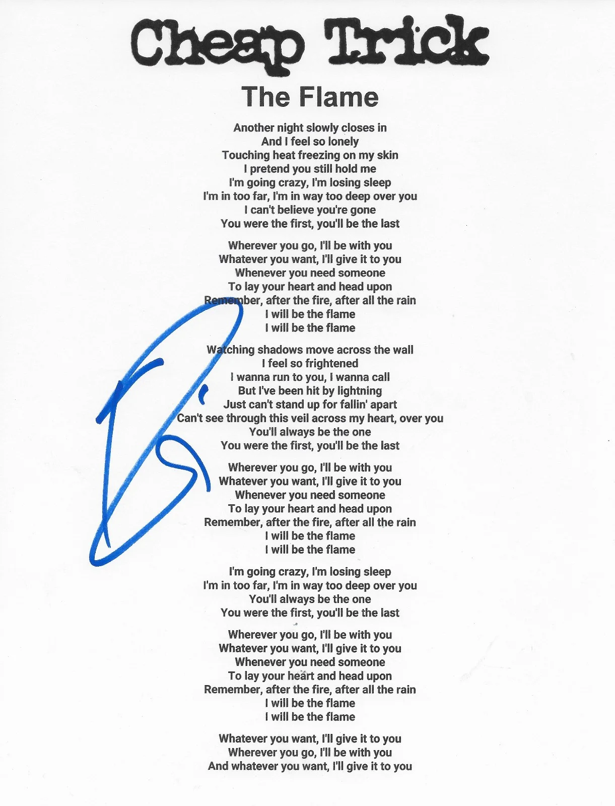 Robin Zander Signed Cheap Trick The Flame Lyrics Sheet COA Proof Autographed, image 2