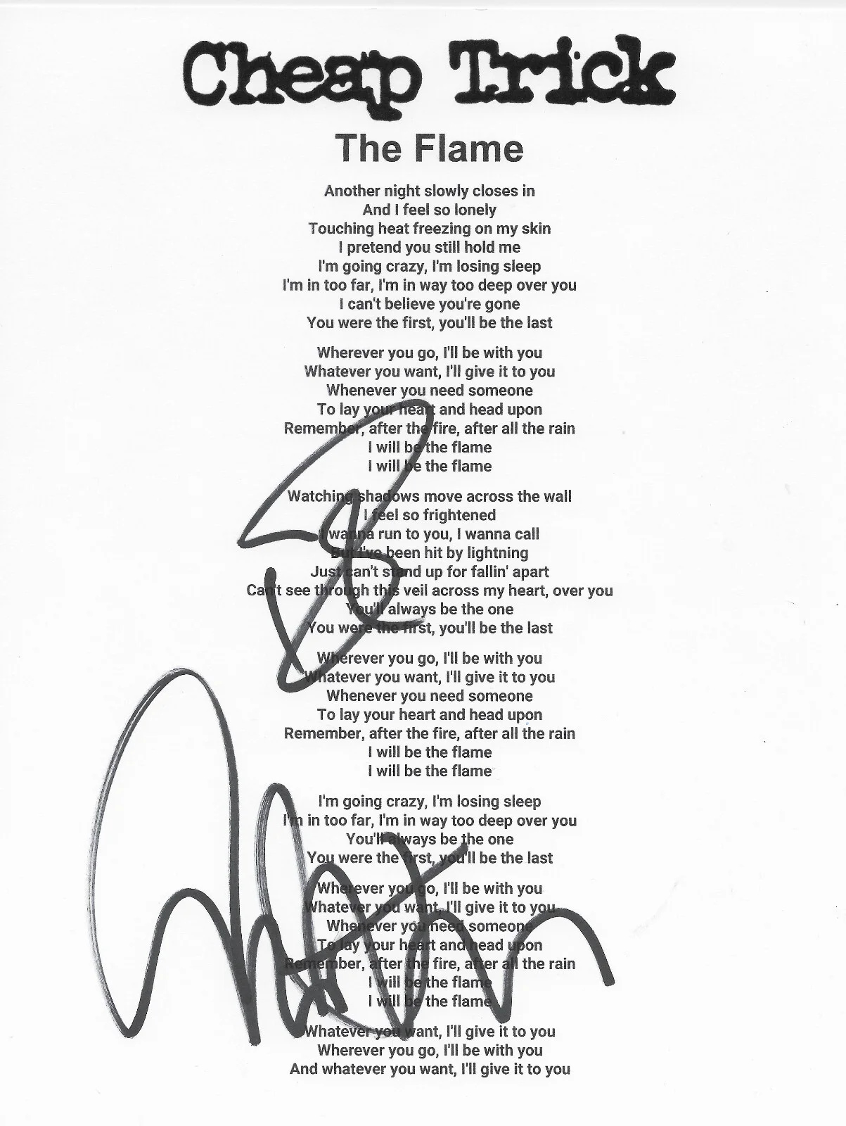 Robin Zander & Tom Petersson signed Cheap Trick The Flame Lyrics sheet COA Proof, image 2