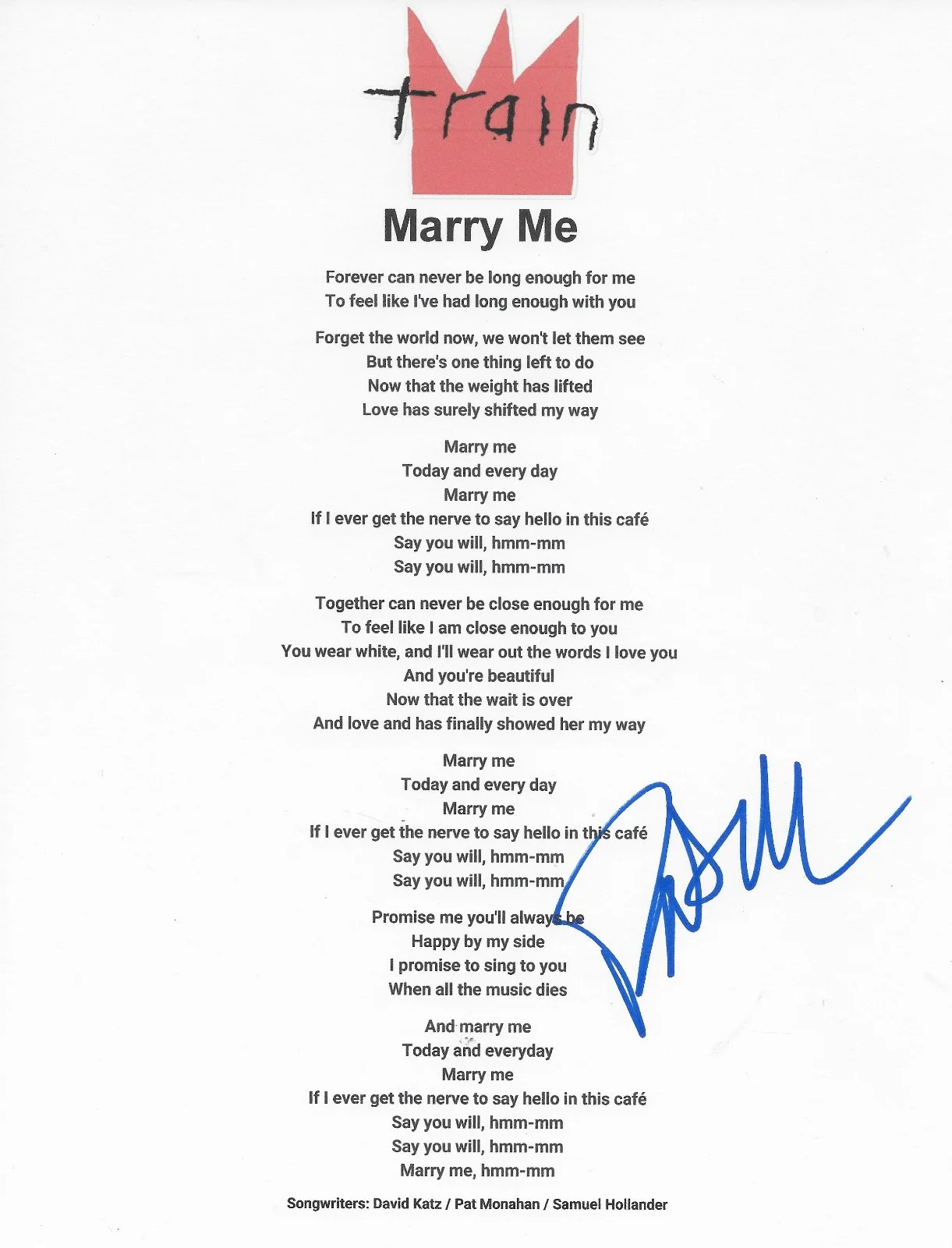 Pat Monahan Signed Train Marry Me Lyrics Sheet Exact Proof COA Autographed, image 2