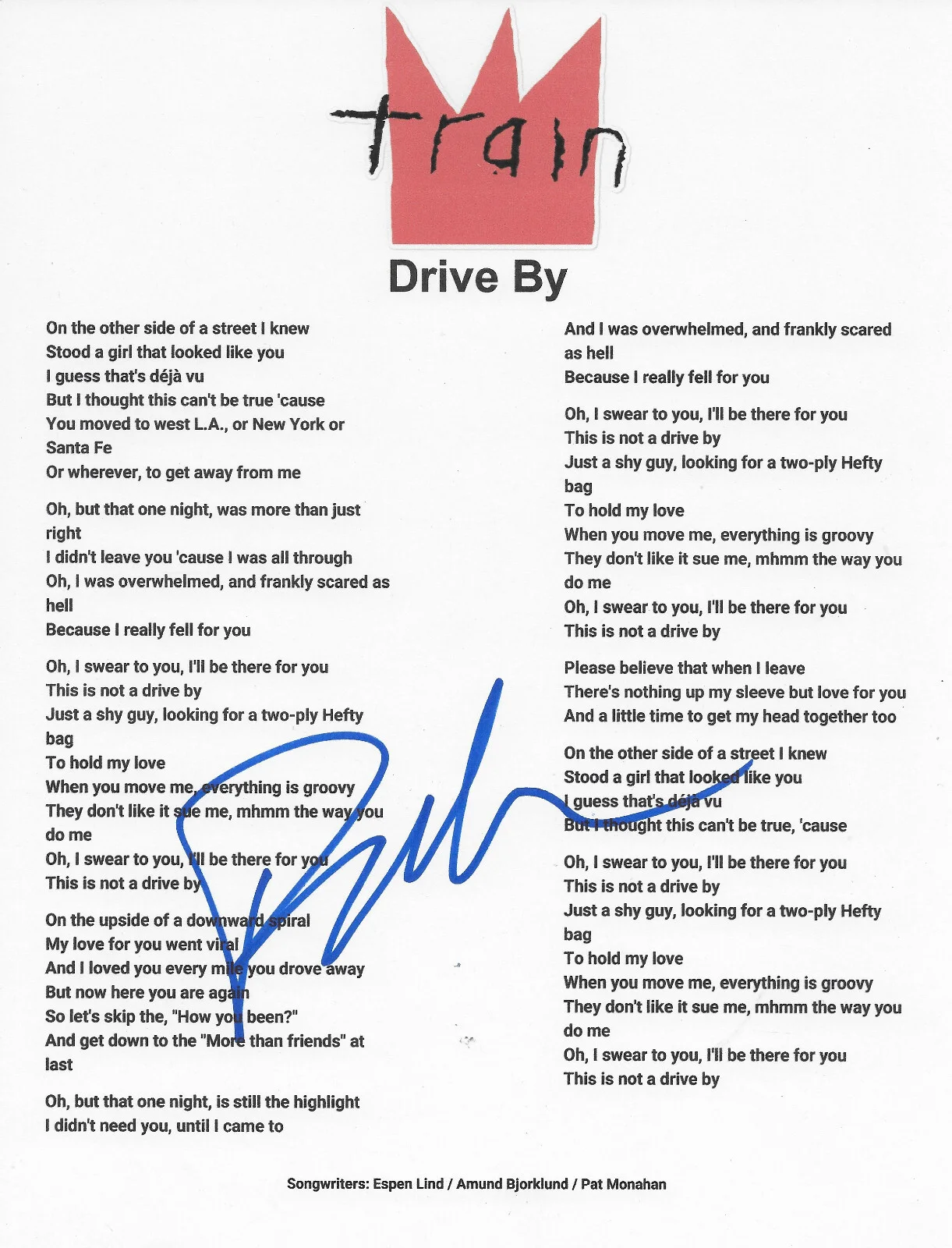 Pat Monahan Signed Train Drive By Lyrics Sheet Exact Proof COA Autographed, image 2