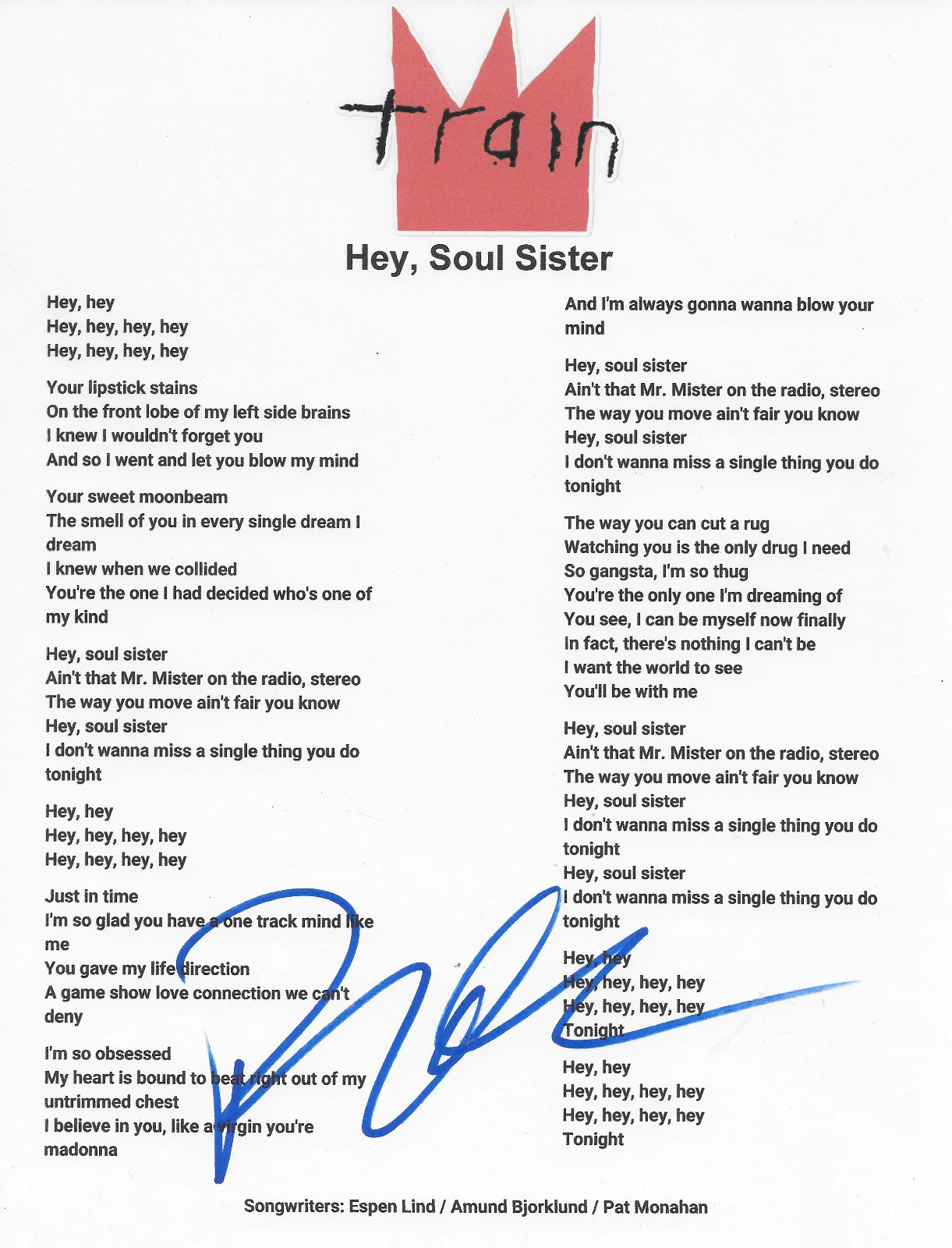 Pat Monahan Signed Train Hey Soul Sister Lyrics Sheet Proof COA Autographed, изображение 2