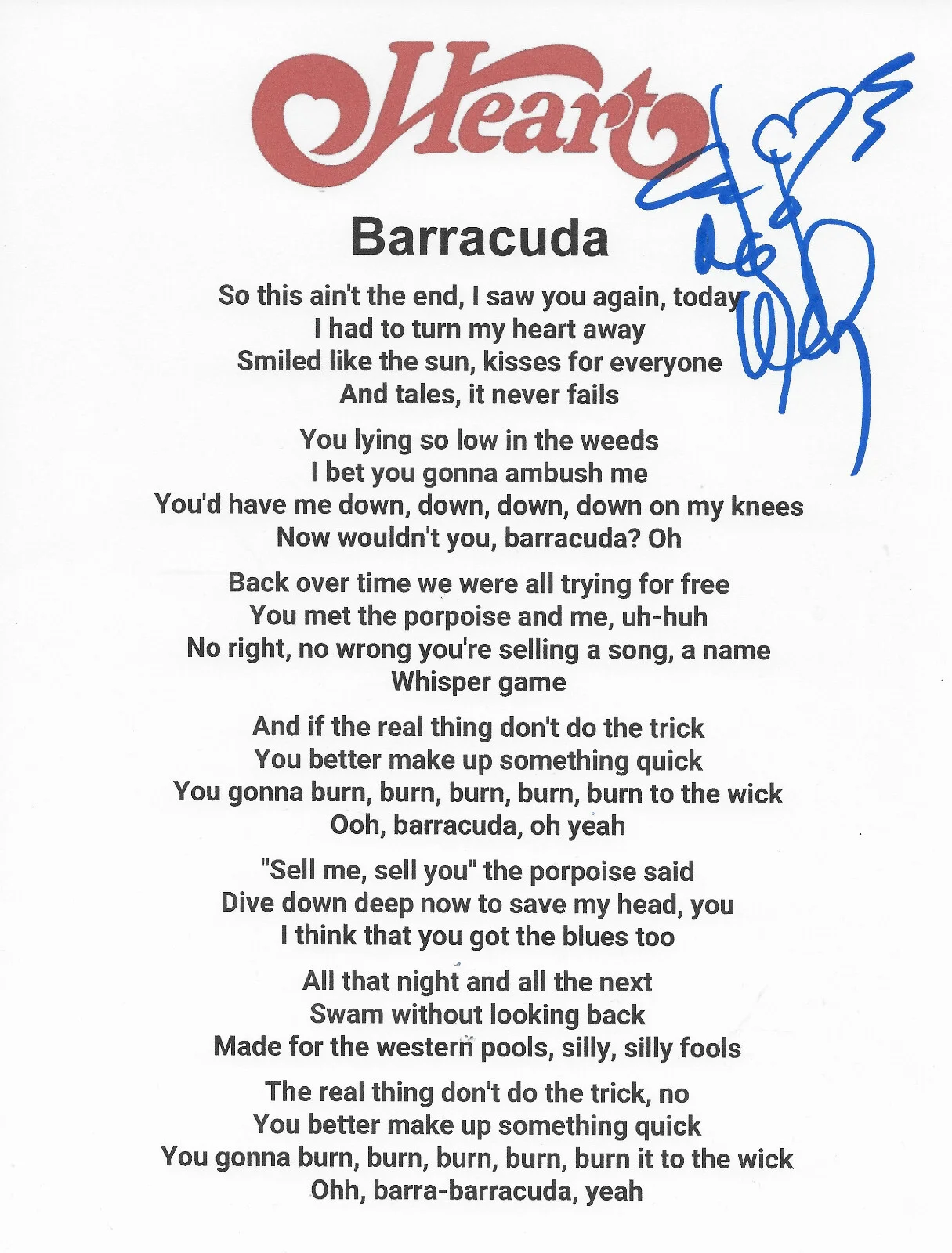 Nancy Wilson Signed Heart Barracuda Lyrics Sheet Proof COA Autographed, image 2