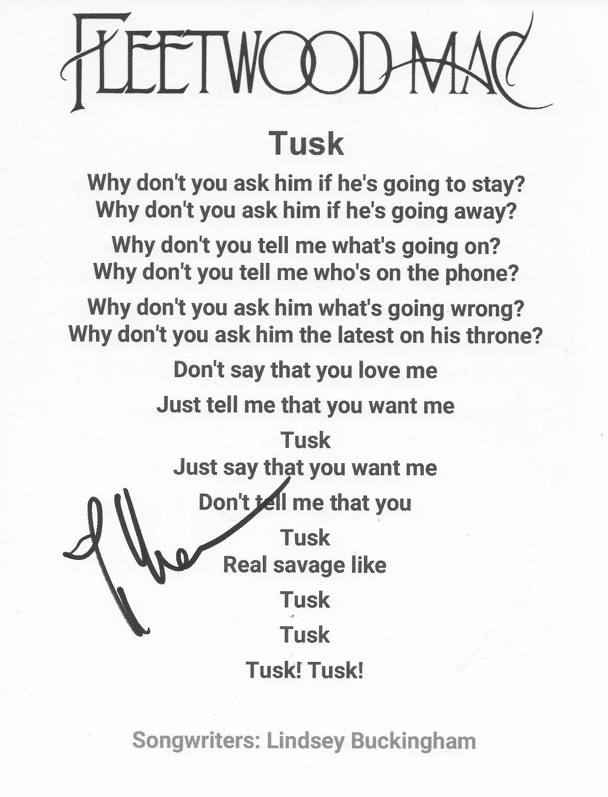 Lindsey Buckingham Signed Fleetwood Mac Tusk Lyrics Sheet Proof COA Autographed, изображение 2