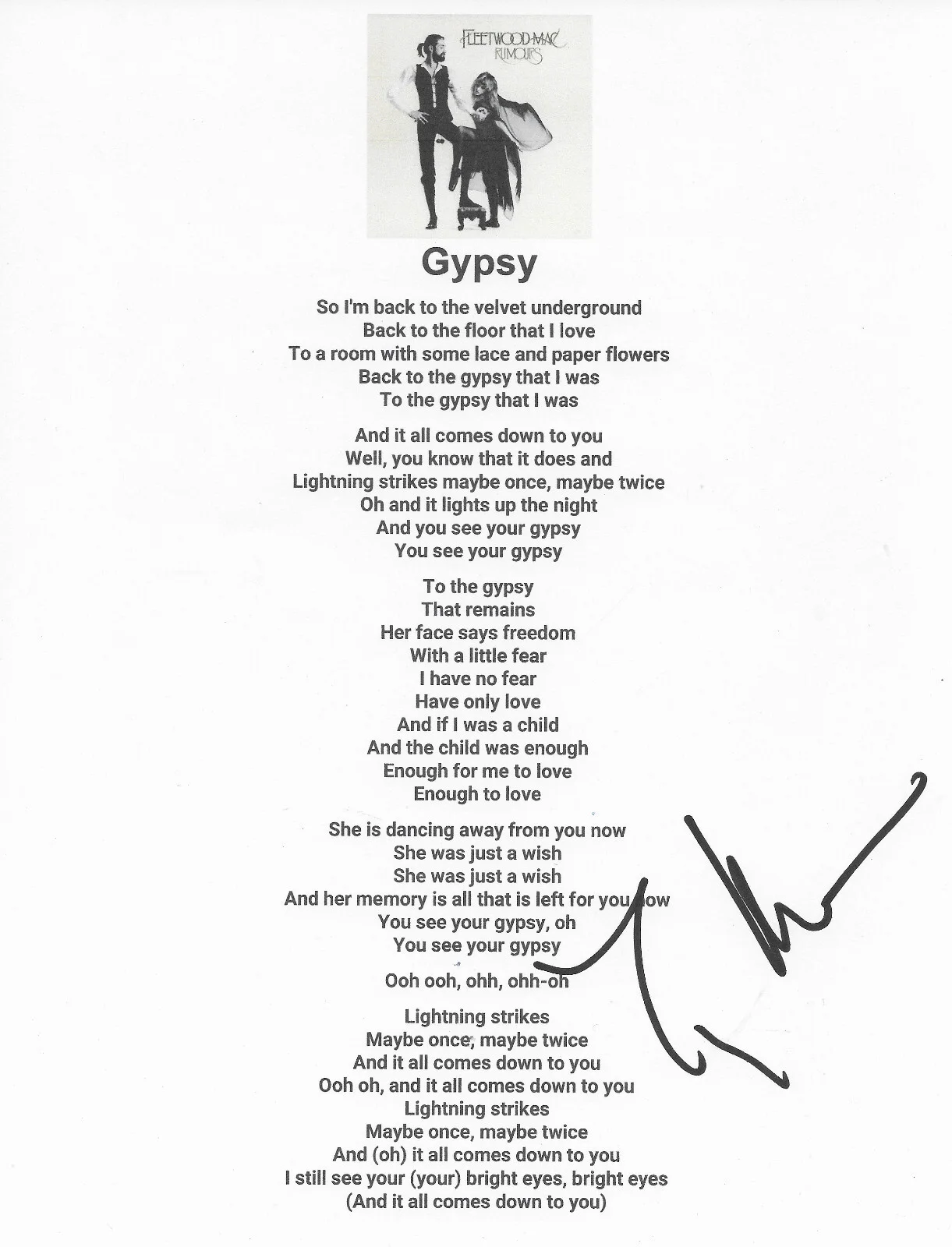 Lindsey Buckingham Signed Fleetwood Mac Gypsy Lyrics Sheet COA Proof Autographed, image 2