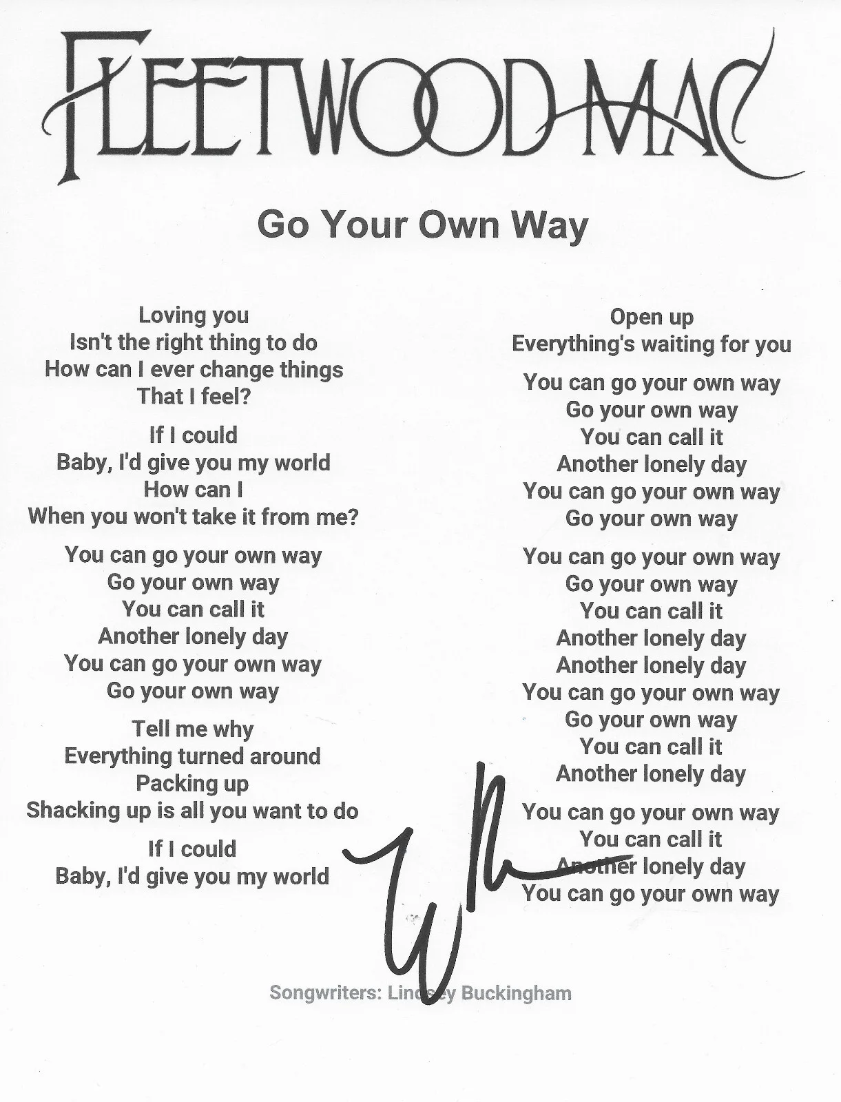 Lindsey Buckingham Signed Fleetwood Mac Lyrics Sheet COA Proof Autographed, image 2