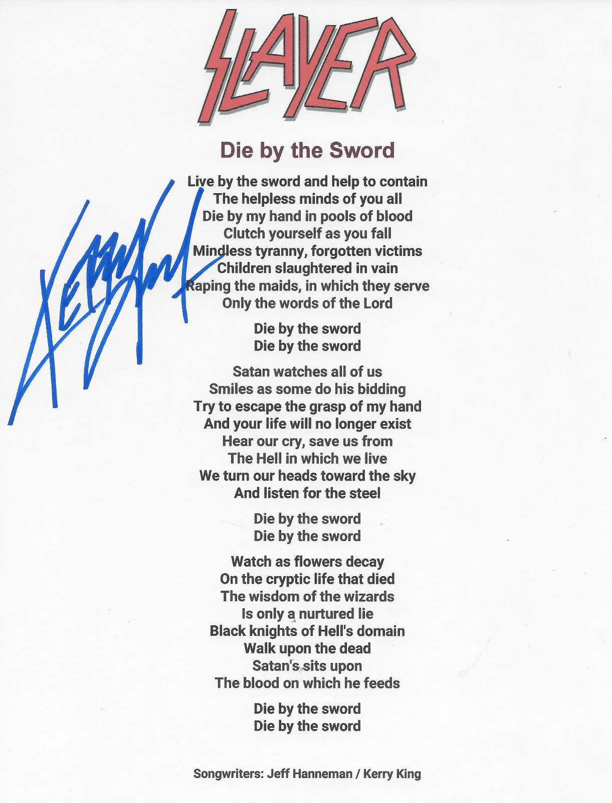 Kerry King Signed Slayer Die By The Sword Lyrics Sheet COA Proof Autographed, image 2