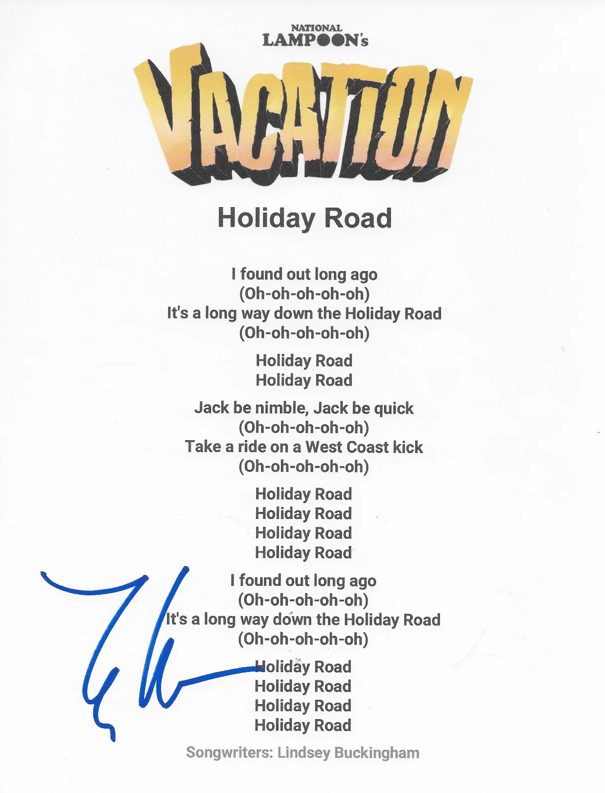 Lindsey Buckingham Signed Holiday Road Lyrics Sheet Proof COA Autographed, image 2