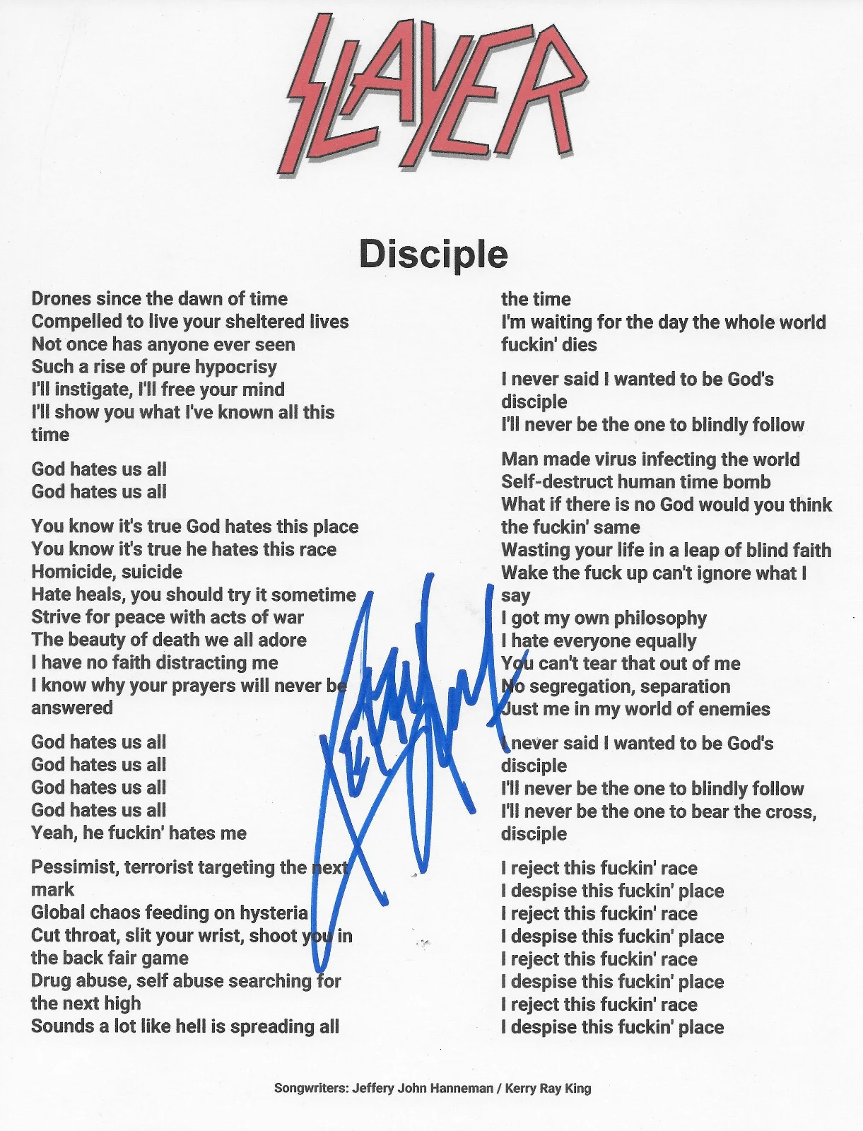 Kerry King Signed Slayer Disciple Lyrics Sheet COA Exact Proof Autographed, image 2