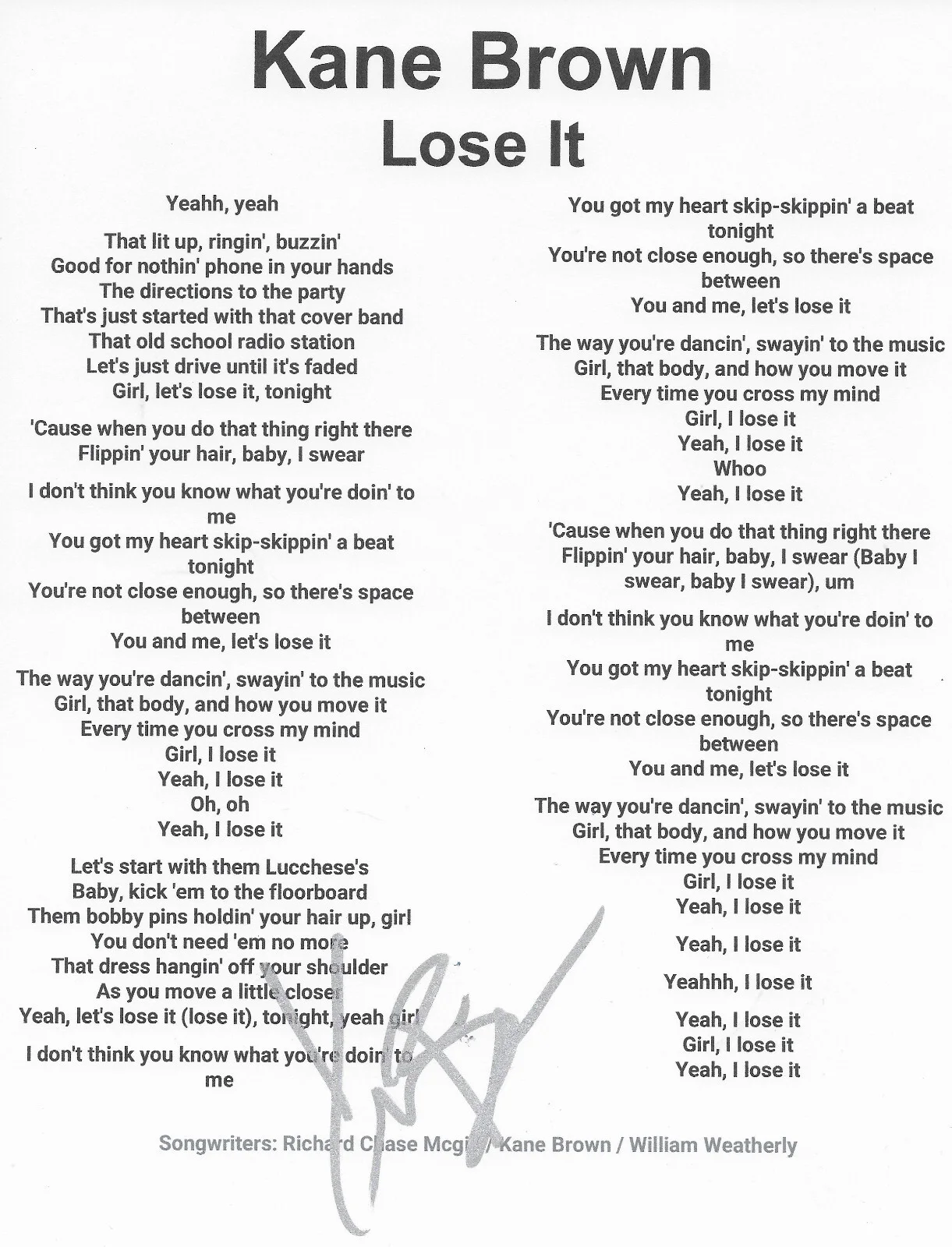Kane Brown signed Lose It Lyrics sheet COA exact Proof autographed, image 2