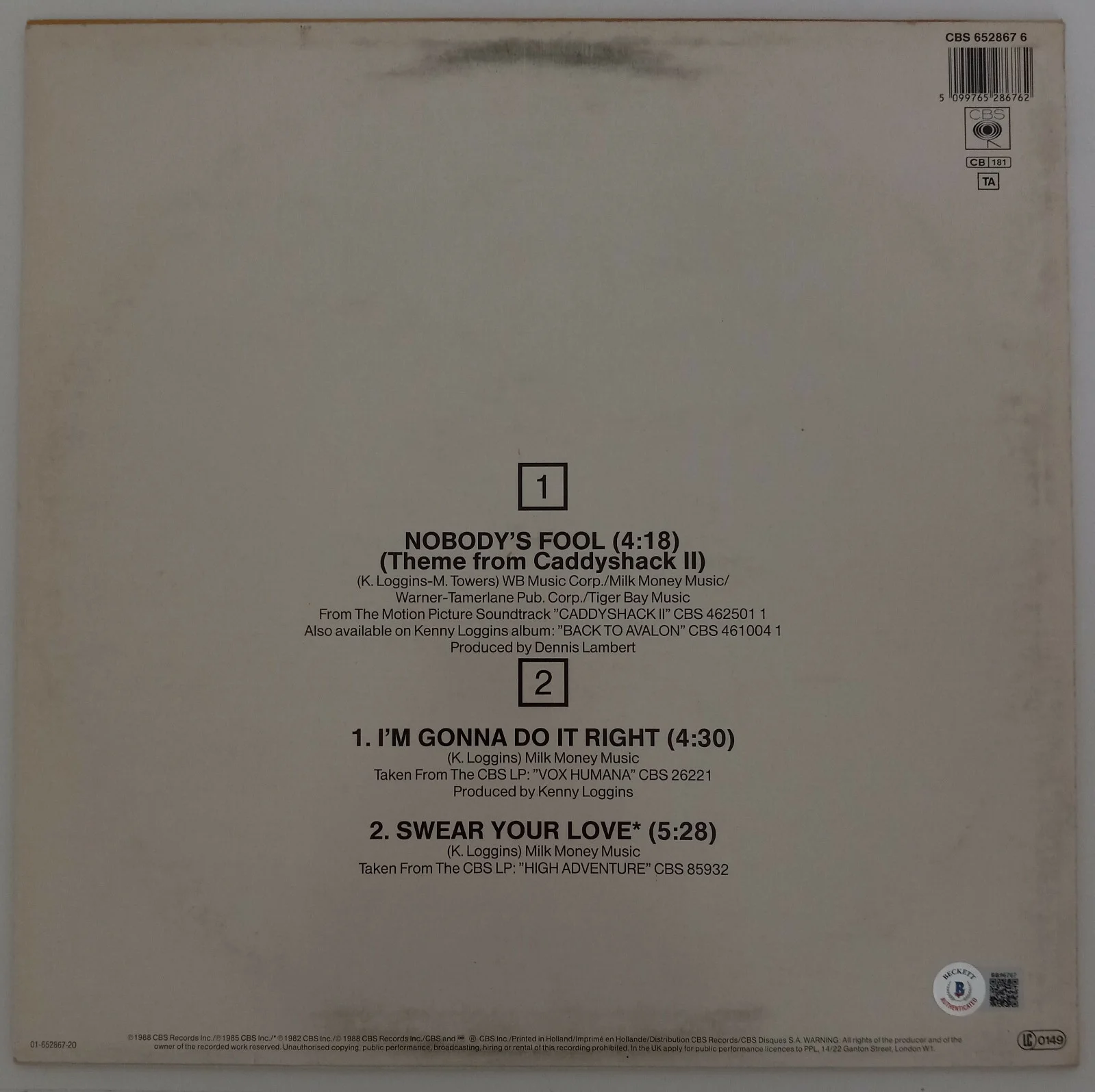 Kenny Loggins signed Caddyshack Nobody's Fool album vinyl proof Beckett COA, image 4