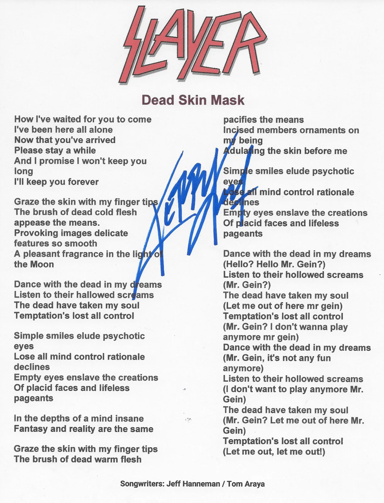 Kerry King Signed Slayer Dead Skin Mask Lyrics Sheet COA Exact Proof Autographed, изображение 2