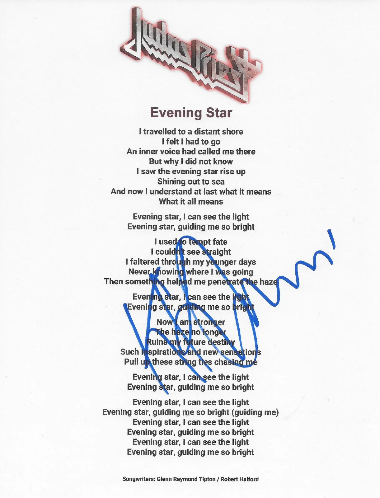 KK Downing Signed Judas Priest Evening Star Lyrics Sheet COA Proof Autographed, изображение 2