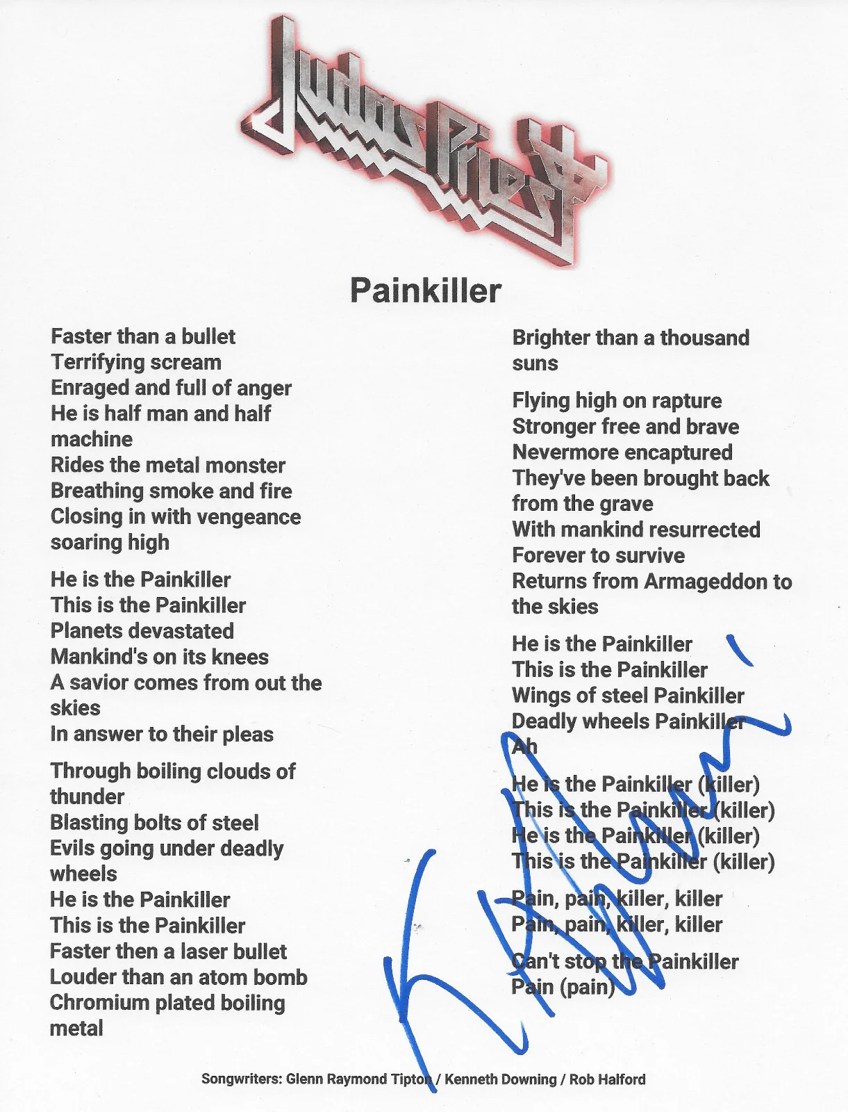 KK Downing Signed Judas Priest Painkiller Lyrics Sheet COA Proof Autographed, image 2