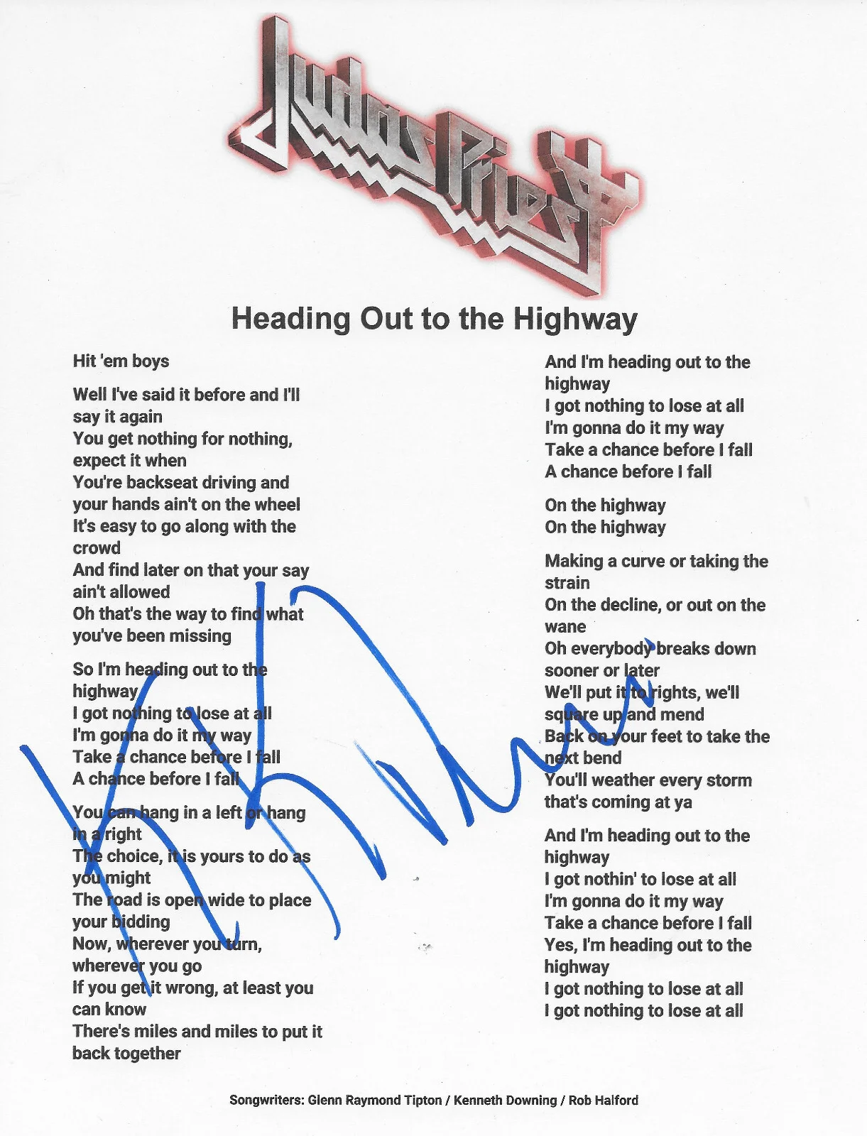 KK Downing Signed Judas Priest Heading out to the Highway Lyrics Sheet COA Proof, изображение 2
