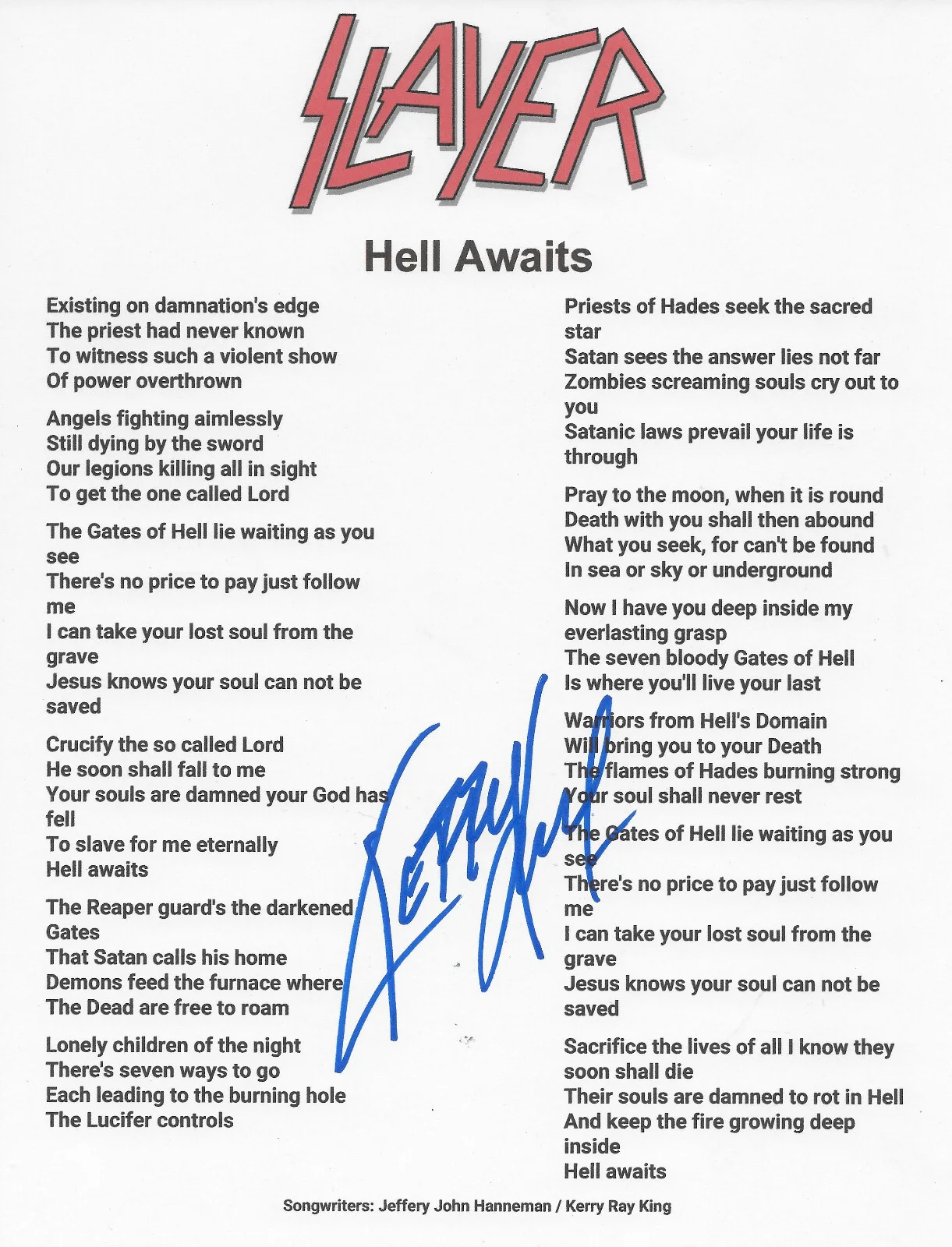 Kerry King Signed Slayer Hell Awaits Lyrics Sheet COA Exact Proof Autographed, image 2