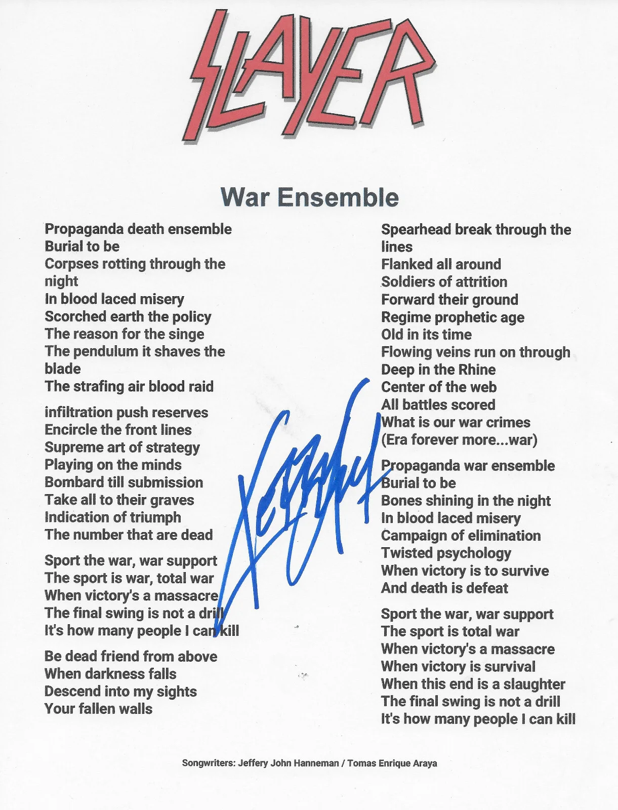 Kerry King Signed Slayer War Ensemble Lyrics Sheet COA Exact Proof Autographed, image 2