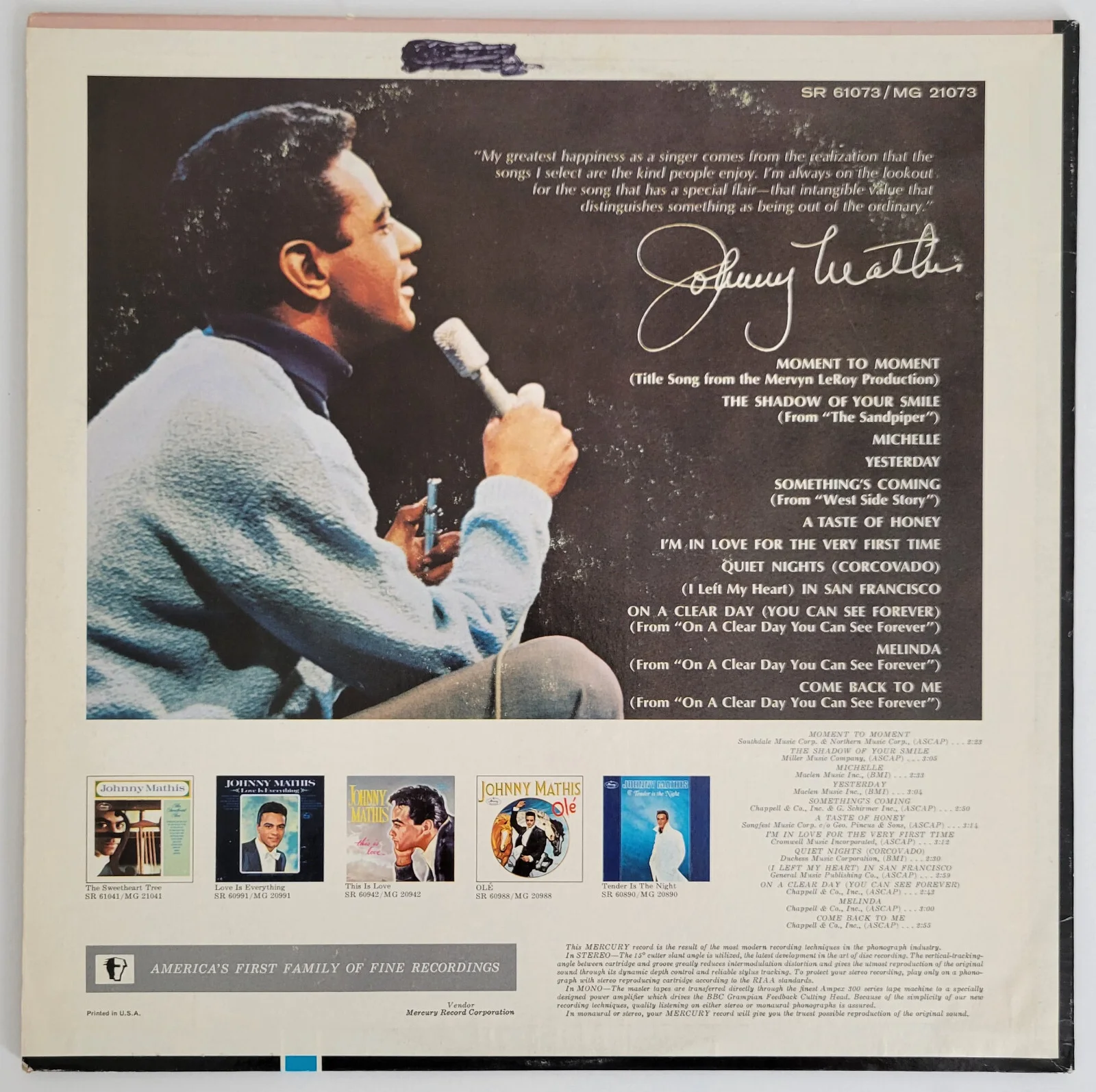 Johnny Mathis signed The Shadow of your Smile album vinyl COA proof autographed, image 4