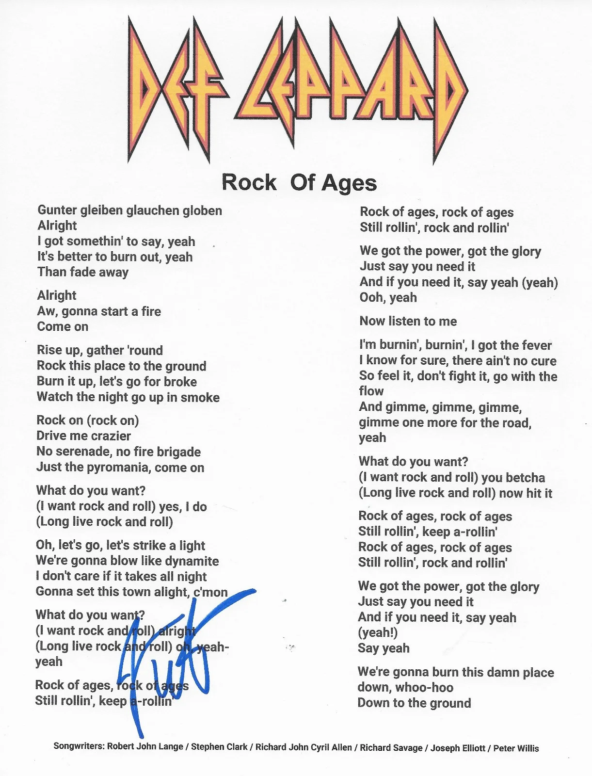Joe Elliott Signed Def Leppard Rock of Ages Lyrics Sheet COA Proof Autographed, изображение 2