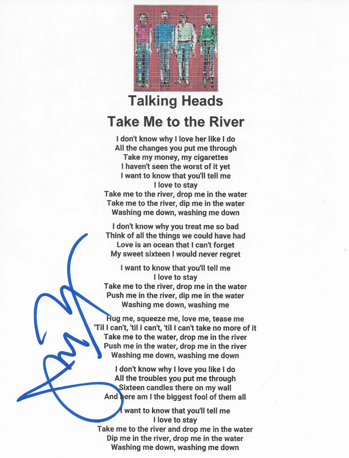 Jerry Harrison Signed Talking Heads Take Me To The River Lyrics Sheet COA Proof, image 2