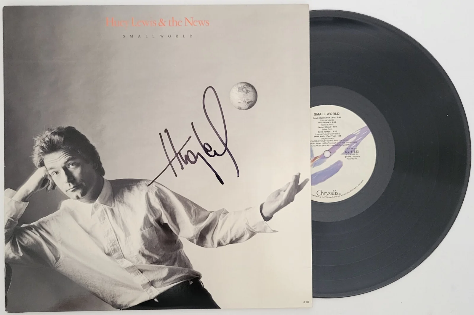 Huey Lewis signed Small World album COA exact proof autographed Vinyl Record, image 2