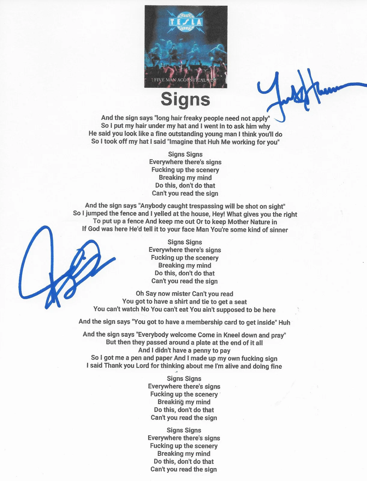 Jeff Keith & Frank Hannon Signed Tesla Signs Lyrics Sheet COA Proof, изображение 2