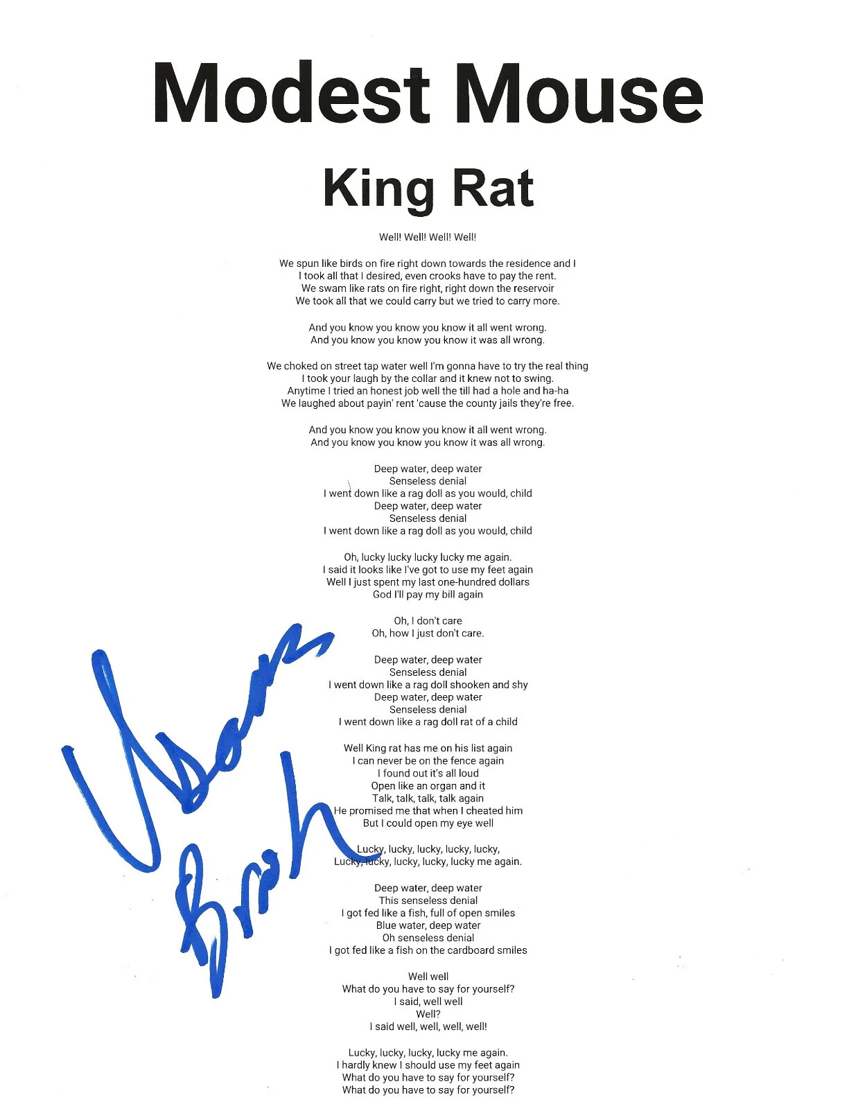 Isaac Brock signed Modest Mouse King Rat Lyrics sheet autograph COA exact Proof, image 2