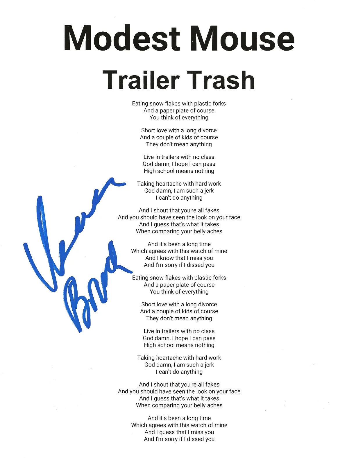 Isaac Brock signed Modest Mouse Trailer Trash Lyrics sheet autograhed COA Proof, image 2