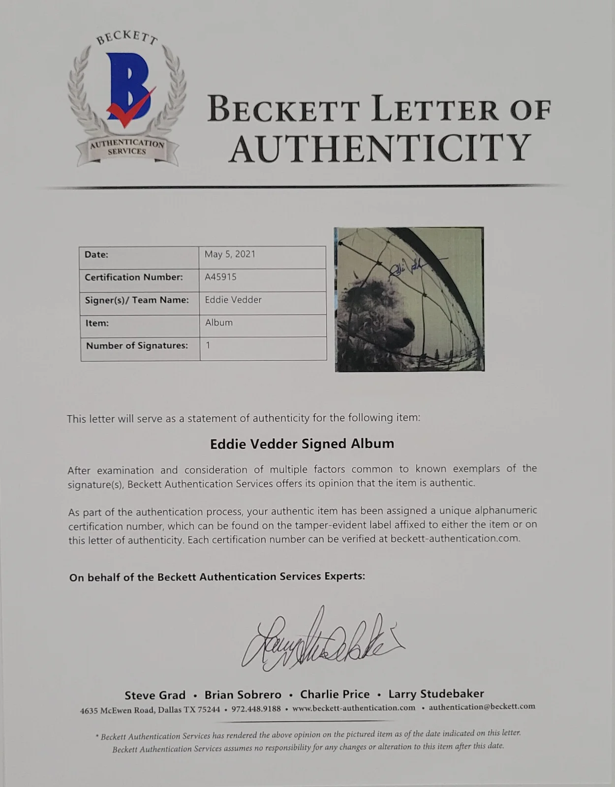 Eddie Vedder signed Pearl Jam Vs. album COA proof autograph vinyl record Beckett, изображение 5