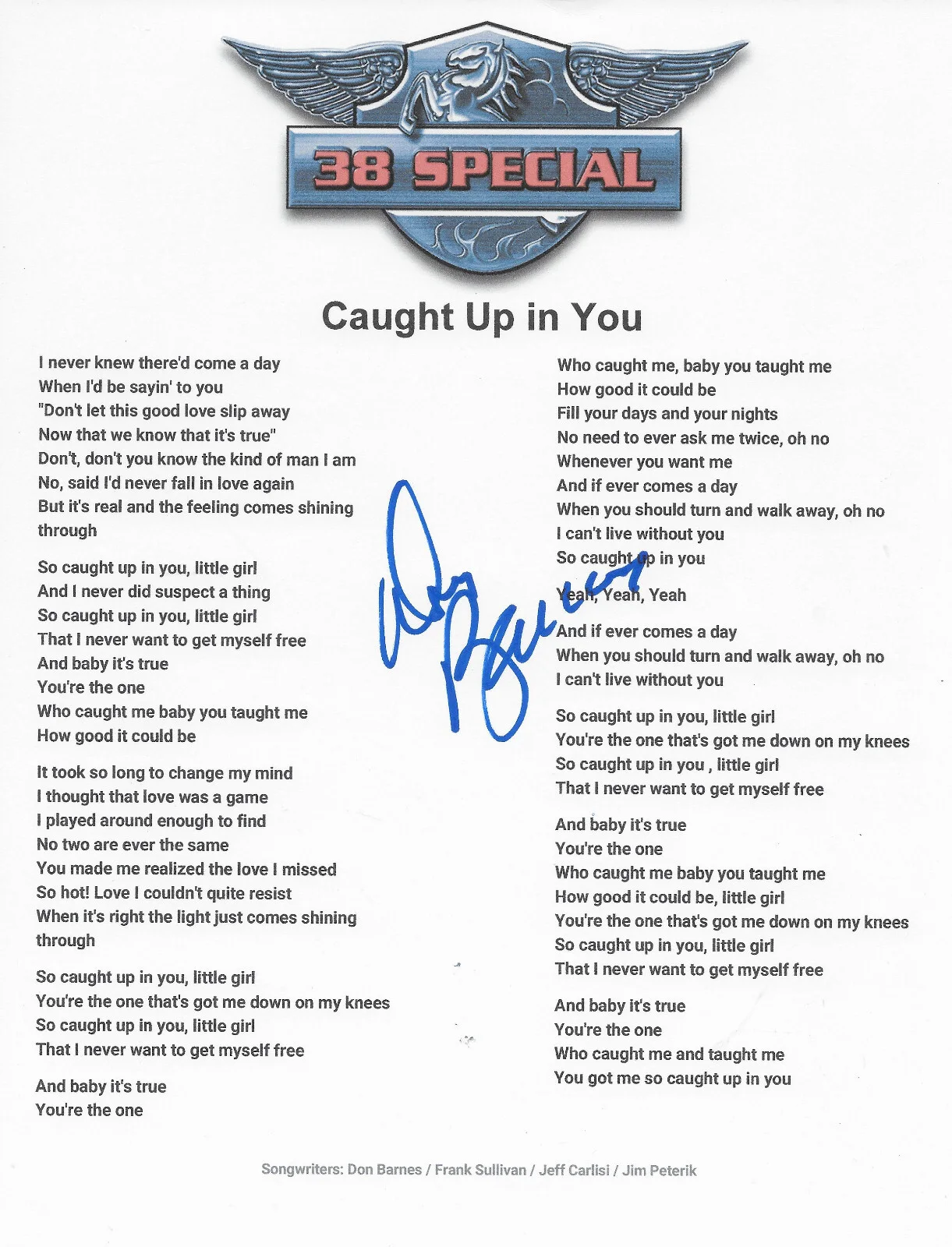Don Barnes signed 38 Special Caught Up in You Lyrics sheet COA Proof autographed, изображение 2