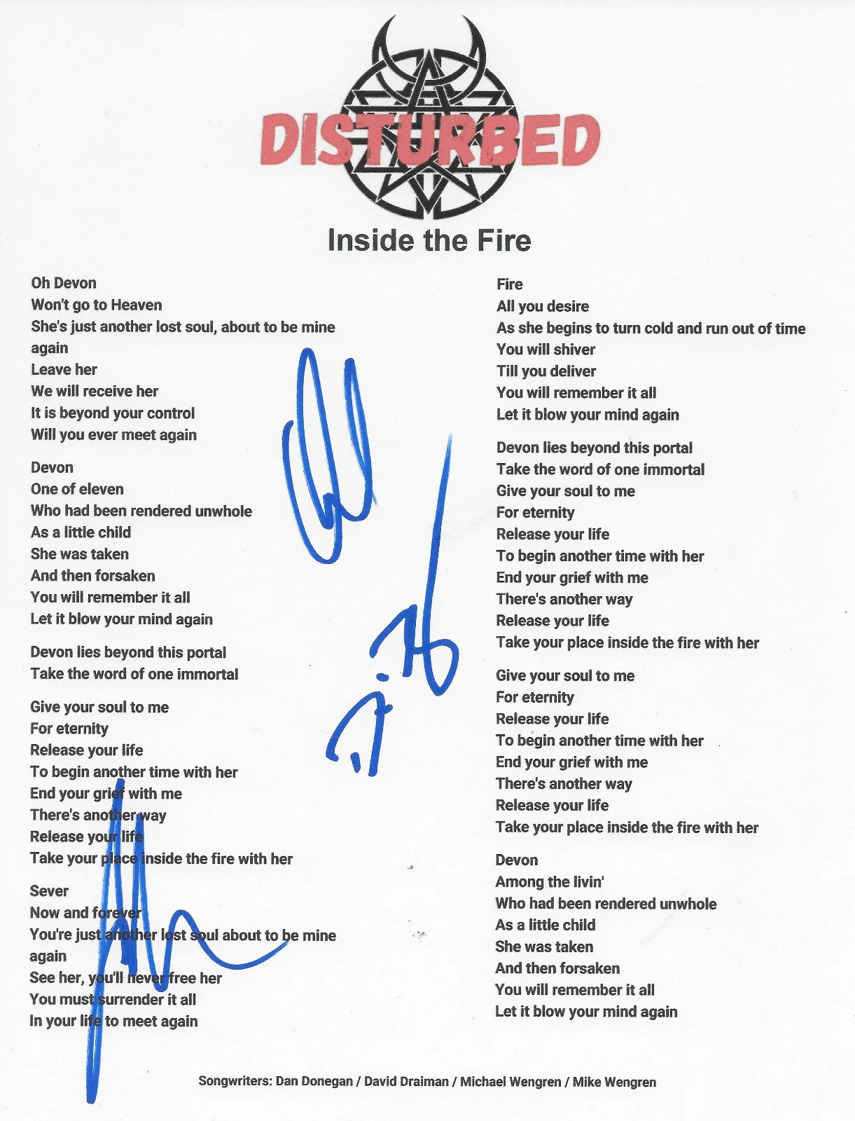 Disturbed Band Signed Inside the Fire Lyrics Sheet COA Exact Proof Autographed, image 2