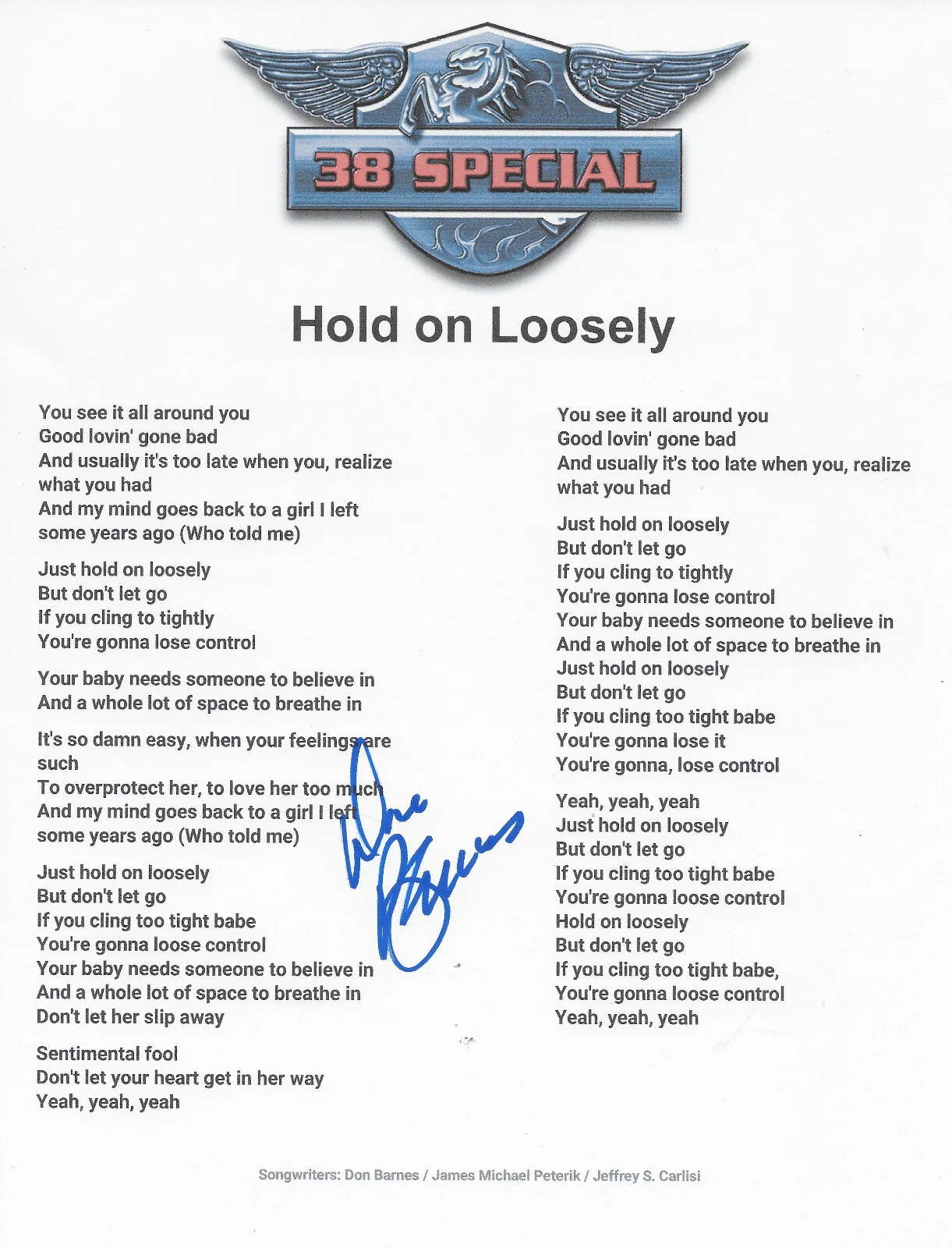 Don Barnes signed 38 Special Hold on Loosely Lyrics sheet COA Proof autographed, image 2