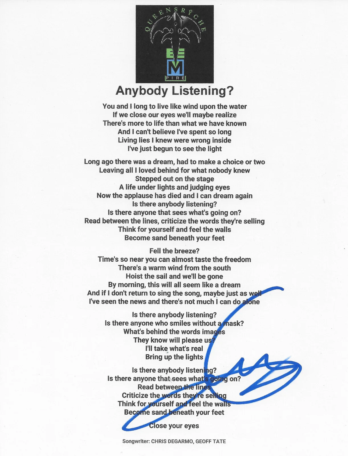 Geoff Tate Signed Queensryche Anybody Listening Lyrics Sheet COA Proof Autograph, изображение 2