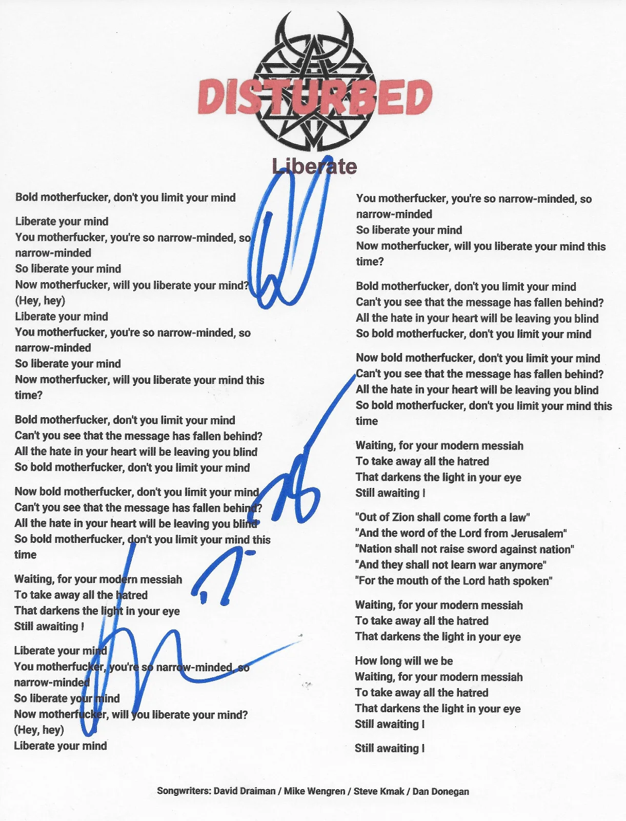 Disturbed Band Signed Liberate Lyrics Sheet COA Exact Proof Autographed, изображение 2