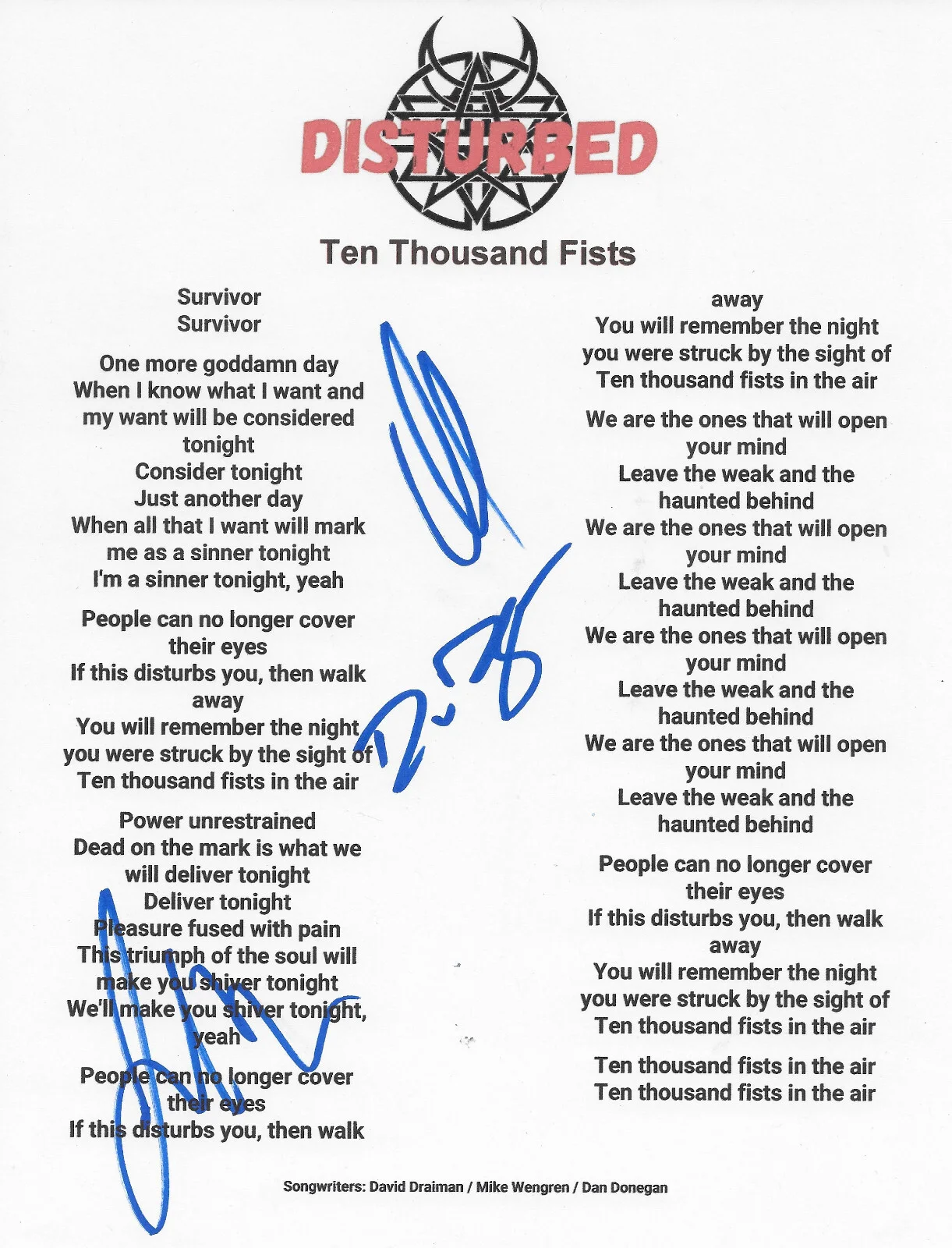 Disturbed Band Signed Ten Thousand Fists Lyrics Sheet COA Proof Autographed, изображение 2