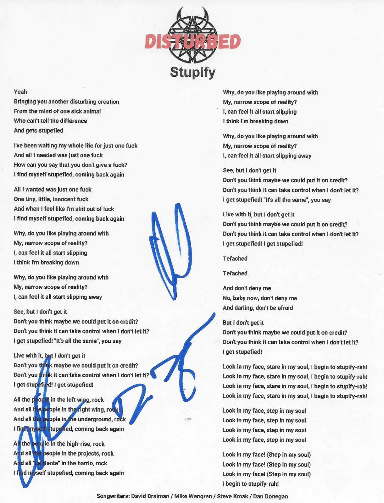 Disturbed Band Signed Stupify Lyrics Sheet COA Exact Proof Autographed, image 2