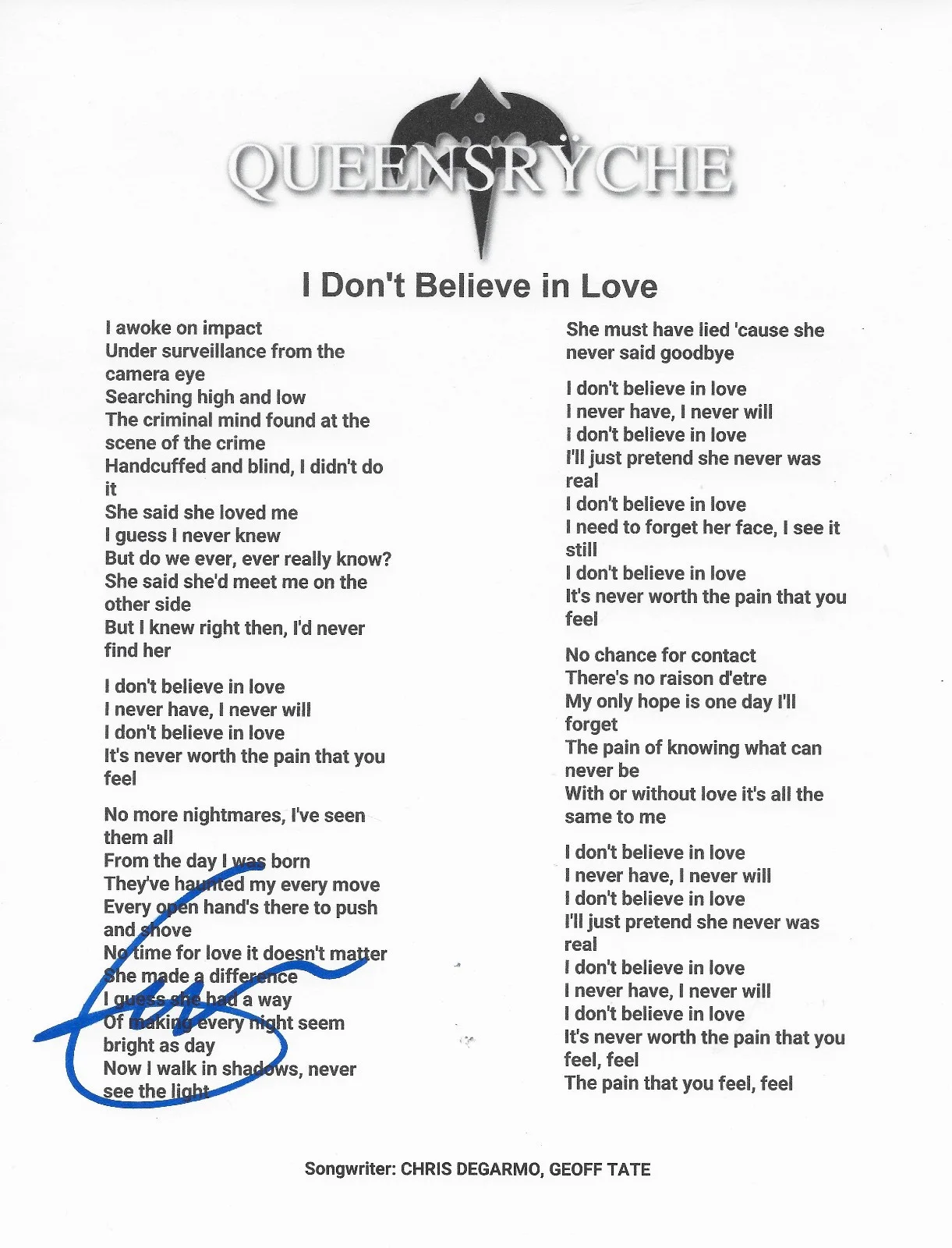 Geoff Tate Signed Queensryche Dont Believe in Love Lyrics Sheet Proof Autograph, image 2