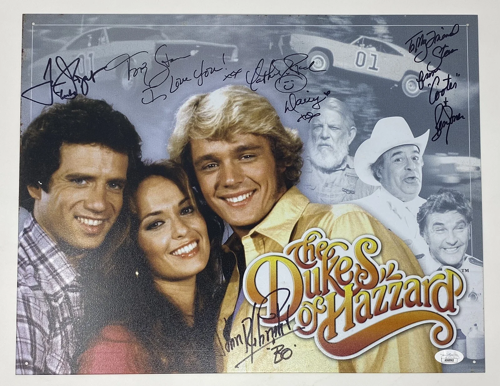 Catherine Bach, Tom Wopat, John Schneider, Ben Jones — DUKES OF HAZZARD Signed x4 Metal Sign Bach Wopat Schneider Jones Autograph JSA