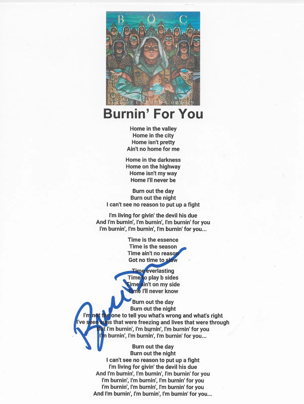Buck Dharma signed Blue Oyster Cult Burnin For You Lyrics sheet COA Proof auto, изображение 2