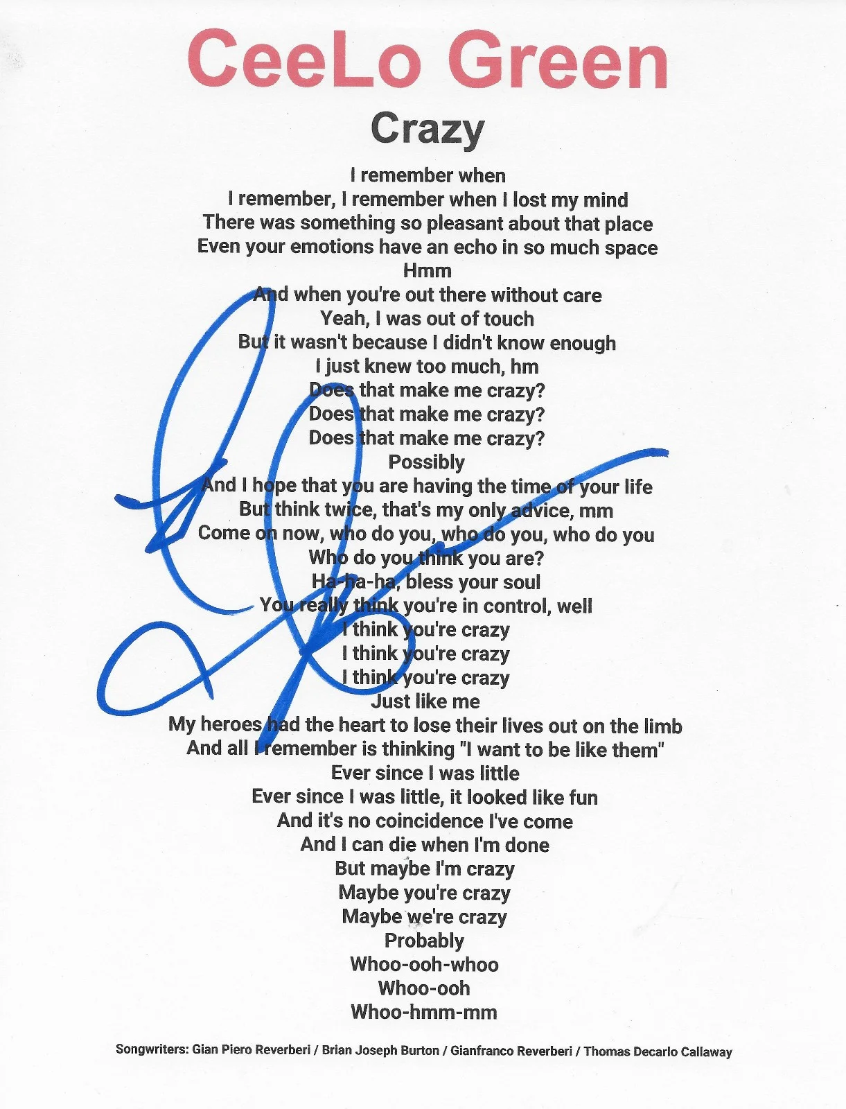 Ceelo Green Signed Crazy Lyrics Sheet COA Exact Proof Autographed, image 2