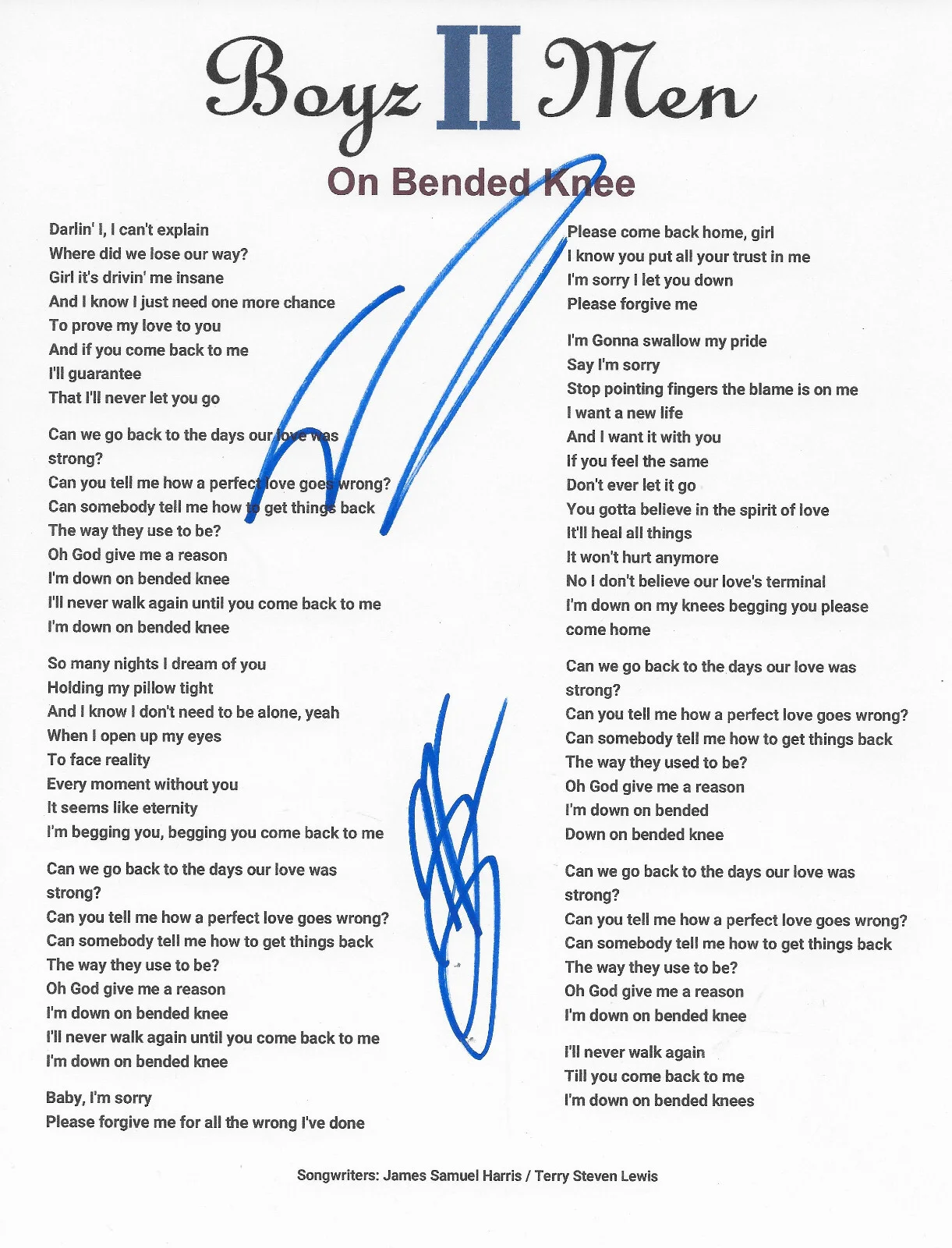 Boyz II Men Signed On Bended Knee Lyrics Sheet COA Exact Proof Autographed, image 2