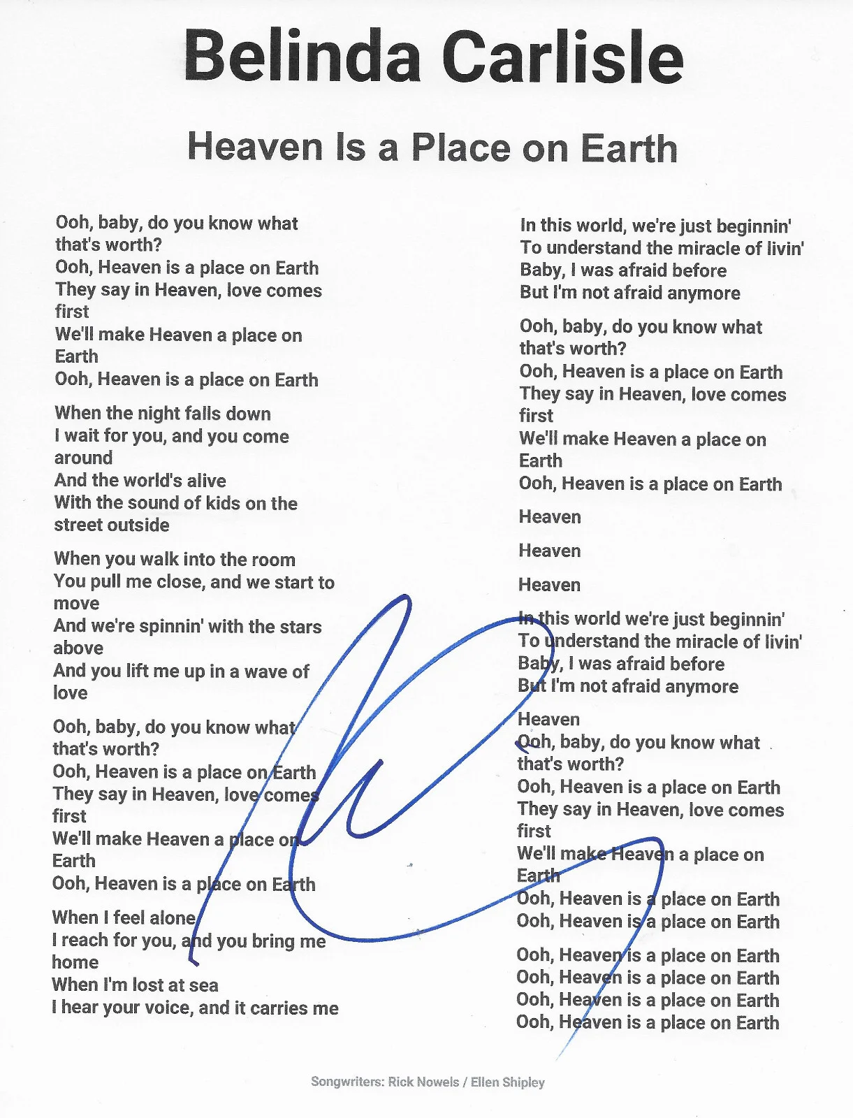 Belinda Carlisle Signed Heaven Is A Place On Earth Lyrics Sheet Proof Autograph, изображение 2