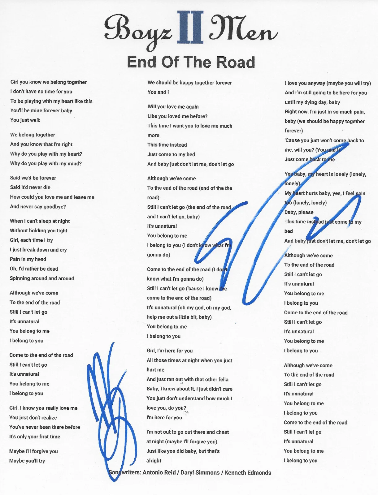 Boyz II Men Signed End of The Road Lyrics Sheet COA Exact Proof Autographed, image 2