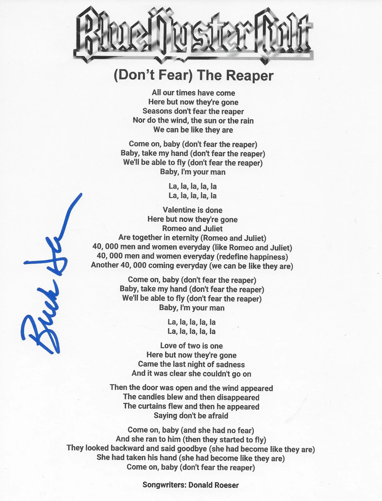 Buck Dharma Signed Blue Oyster Cult Dont Fear The Reaper Lyrics Sheet COA Proof., изображение 2