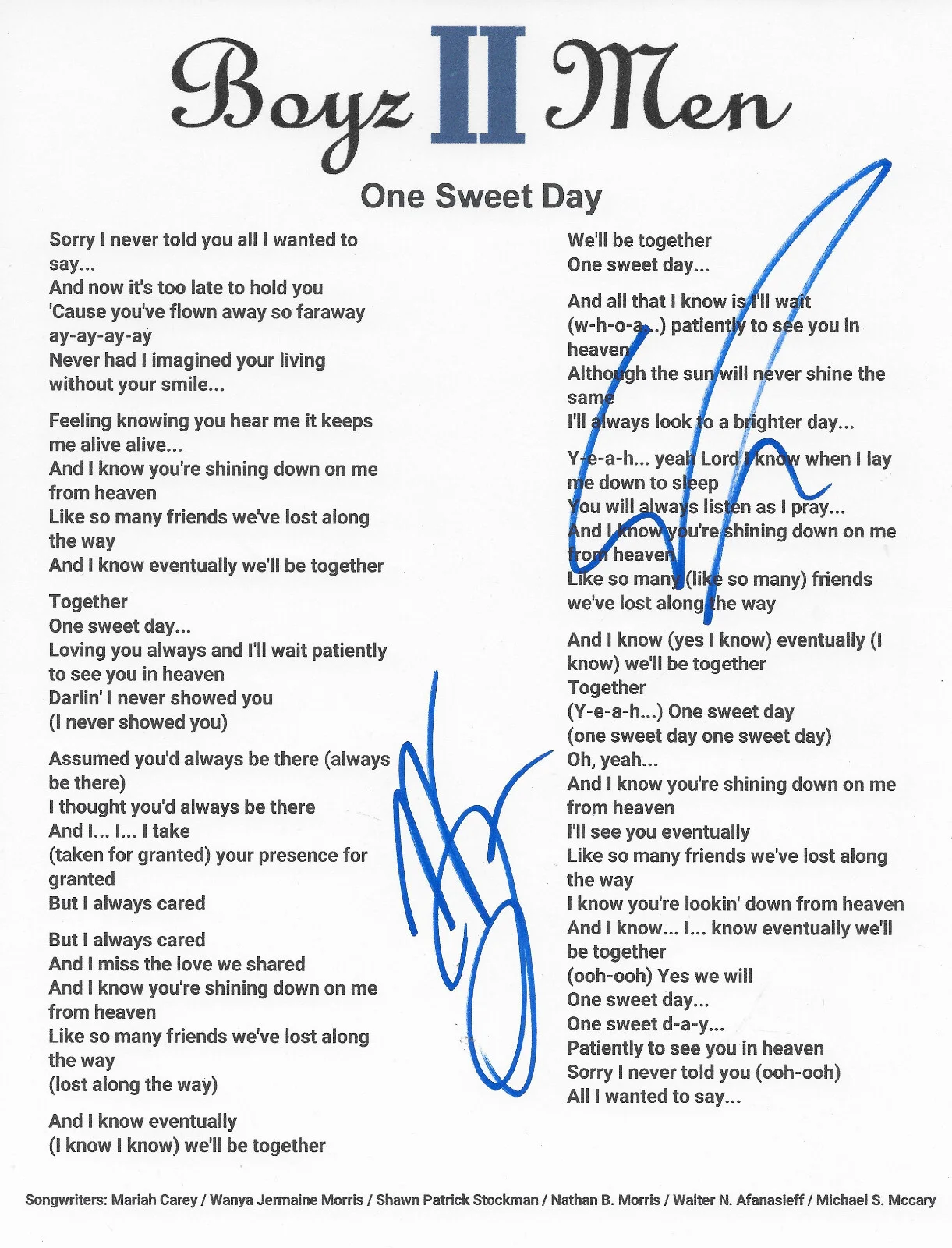 Boyz II Men Signed One Sweet Day Lyrics Sheet COA Exact Proof Autographed, изображение 2