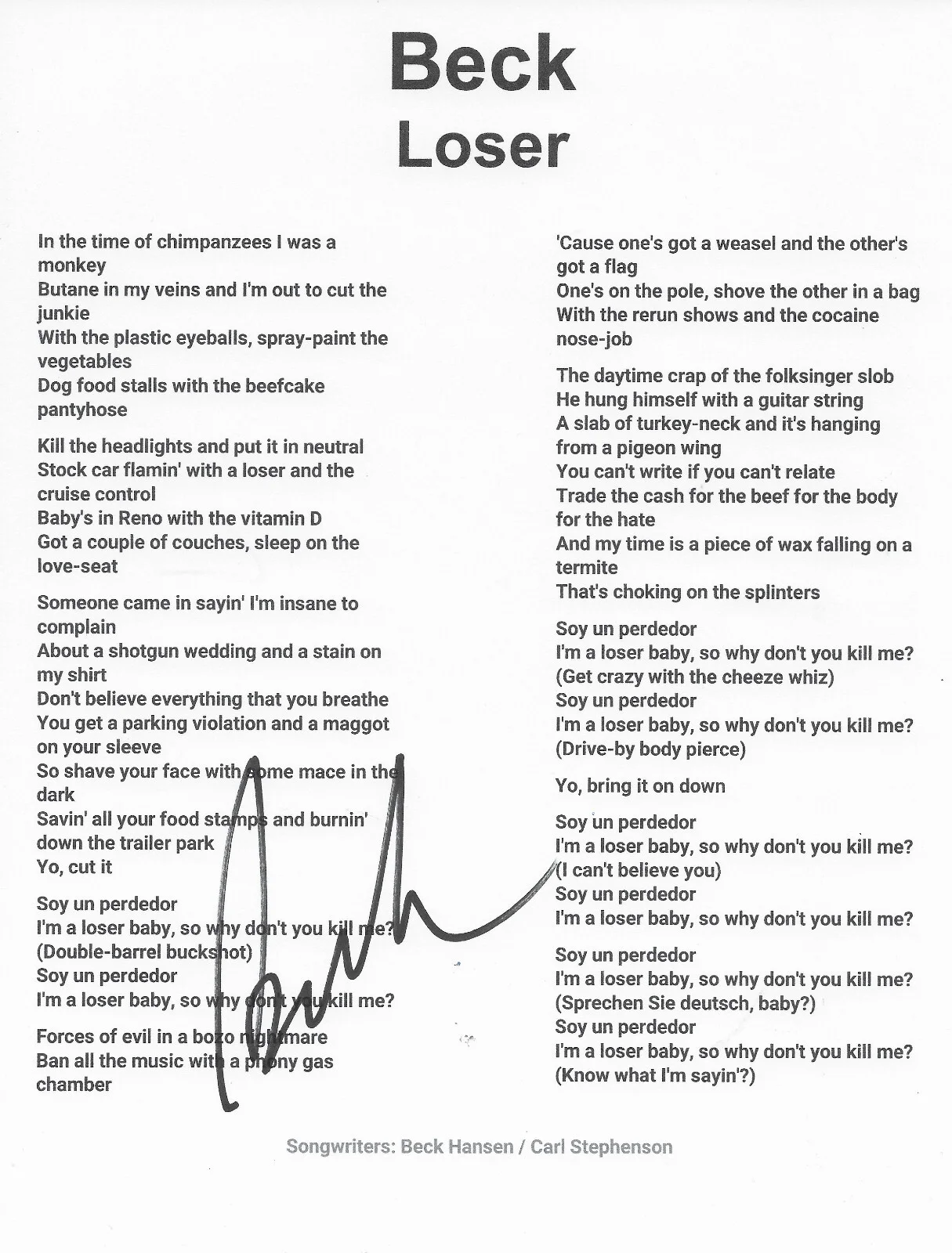Beck Hansen signed Loser Lyrics sheet COA exact Proof autographed, image 2
