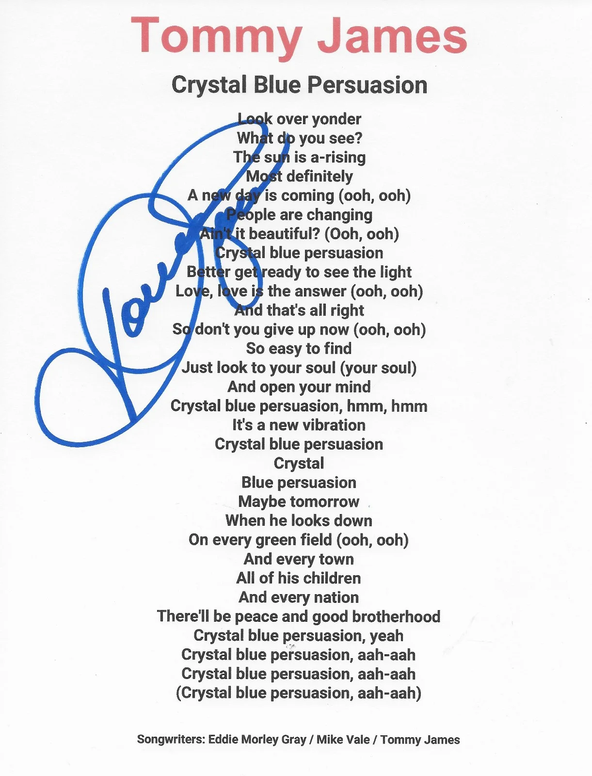 Tommy James Signed Crystal Blue Persuasion Lyrics Sheet COA Proof Autographed, image 2
