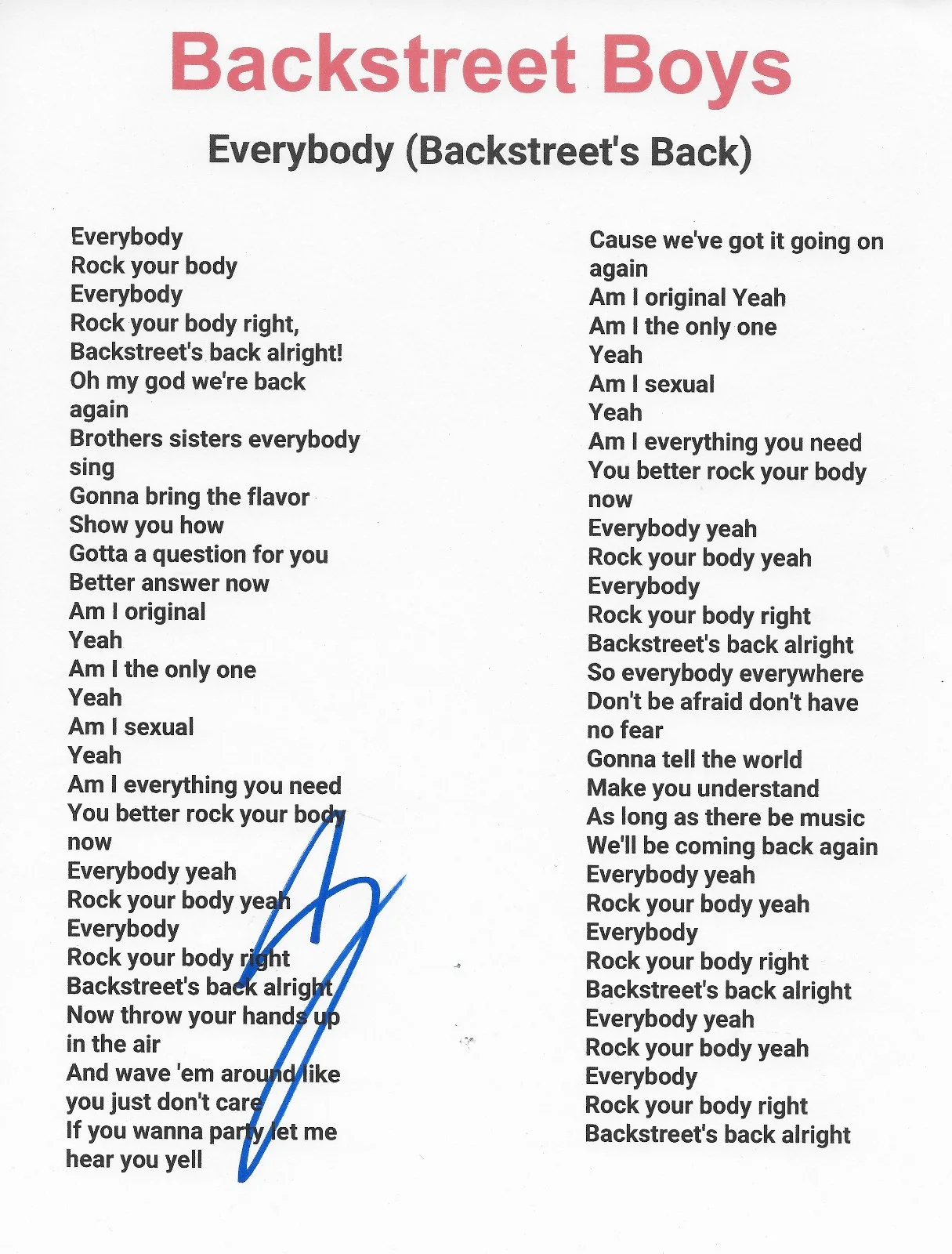 AJ McLean Signed Backstreet Boys Everybody Lyrics Sheet COA Proof Autographed, image 2