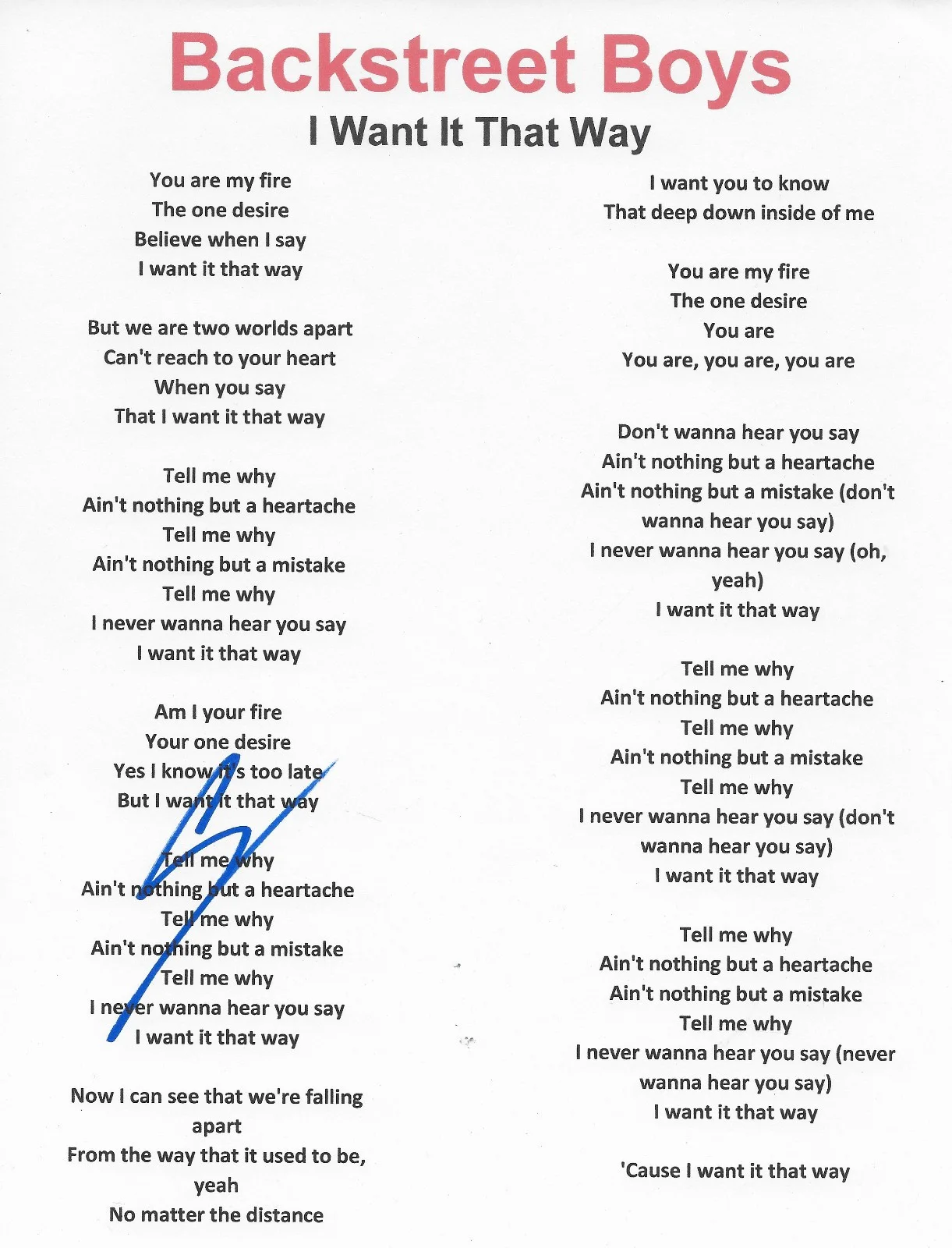 AJ McLean Signed Backstreet Boys Lyrics Sheet COA Exact Proof Autographed, image 2