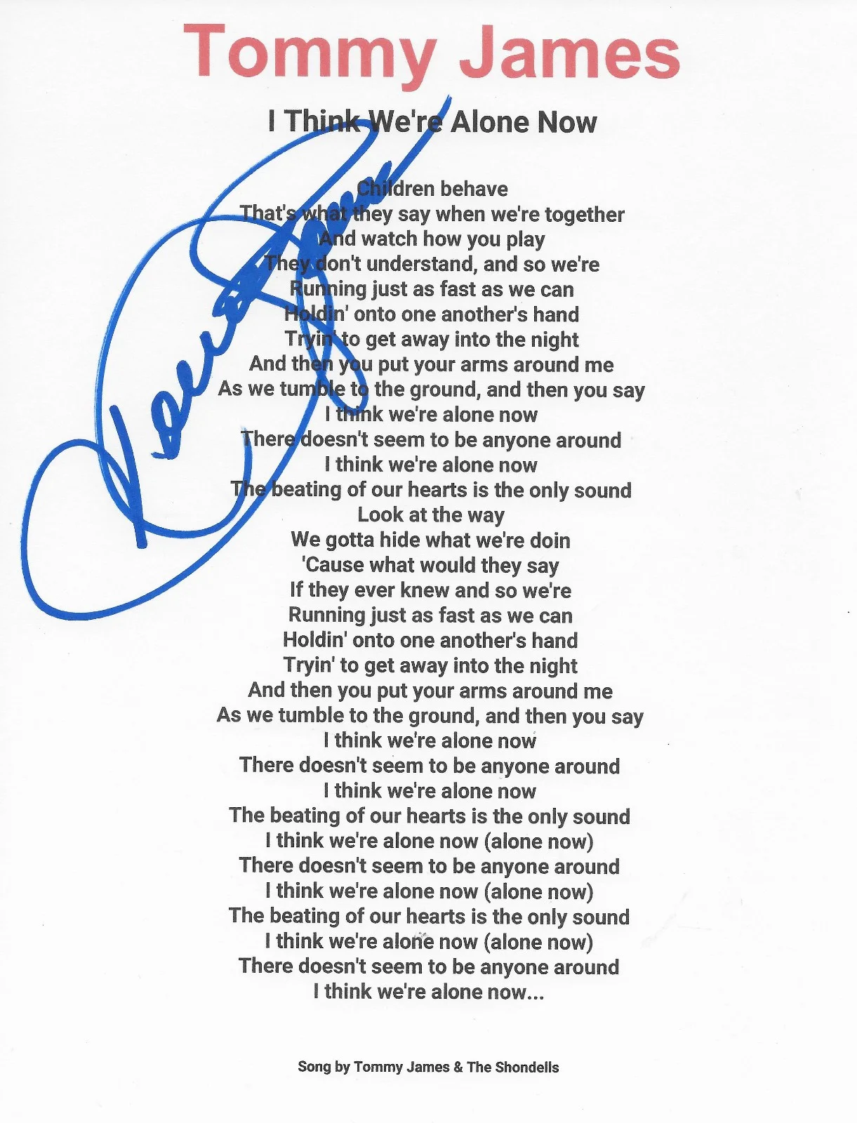 Tommy James Signed I Think Were Alone Now Lyrics Sheet COA Proof Autographed, image 2
