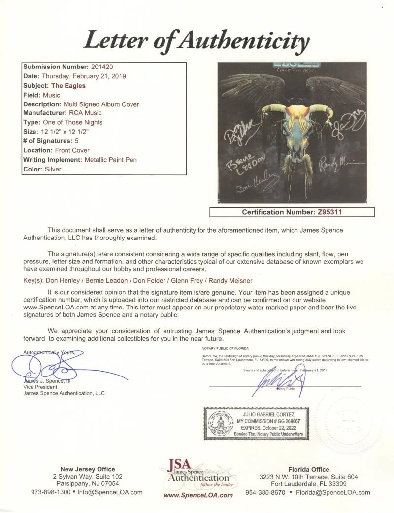 Don Felder, Glenn Frey, Don Henley, Bernie Leadon, Randy Meisner — Eagles Signed Autograph Album Vinyl Record LP - Don Henley Frey Walsh +2 JSA COA, image 3
